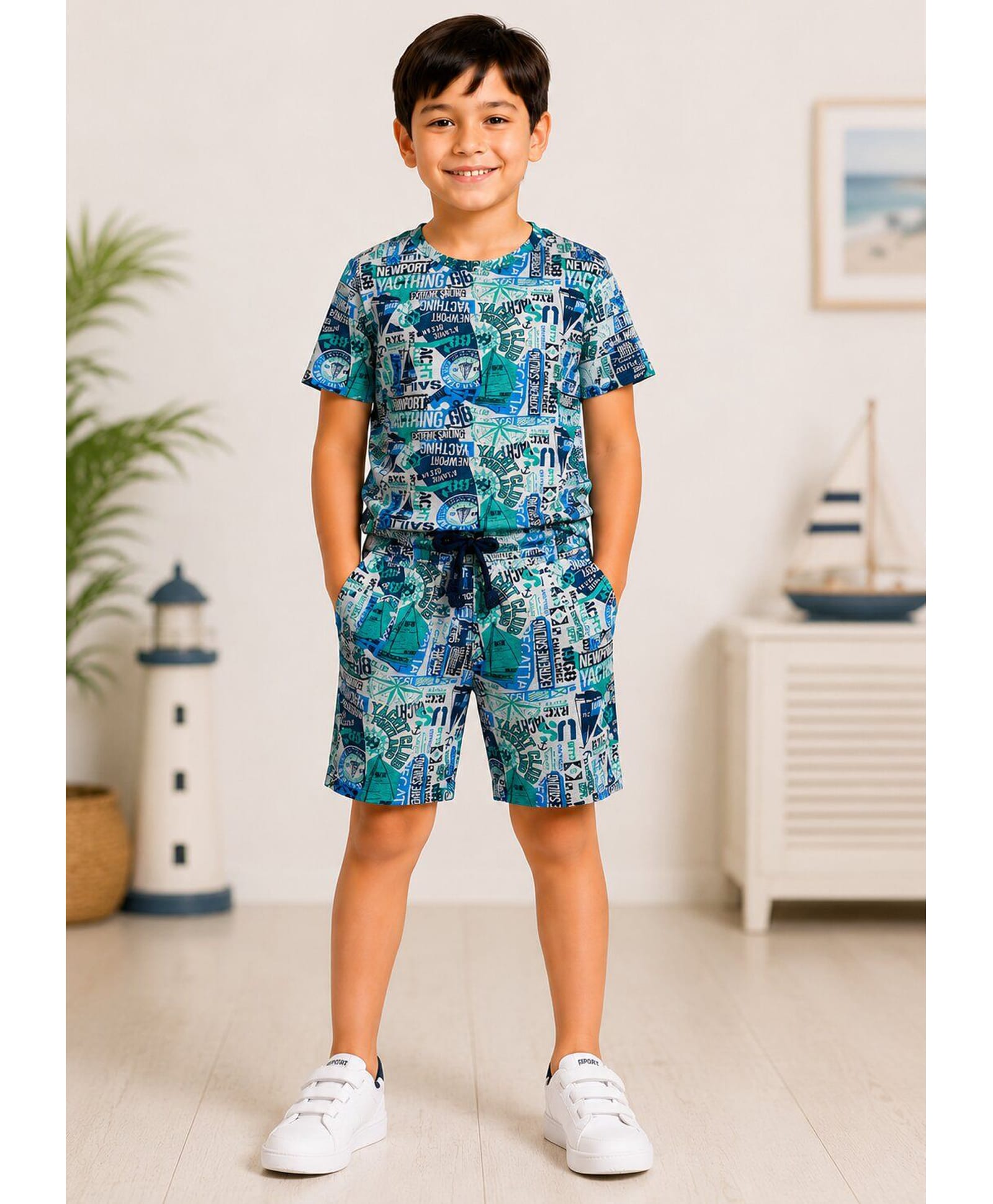 3PIN Cotton Knit Half Sleeves Typography & Abstract Printed Coordinating Tee & Shorts Set - Blue-image-49