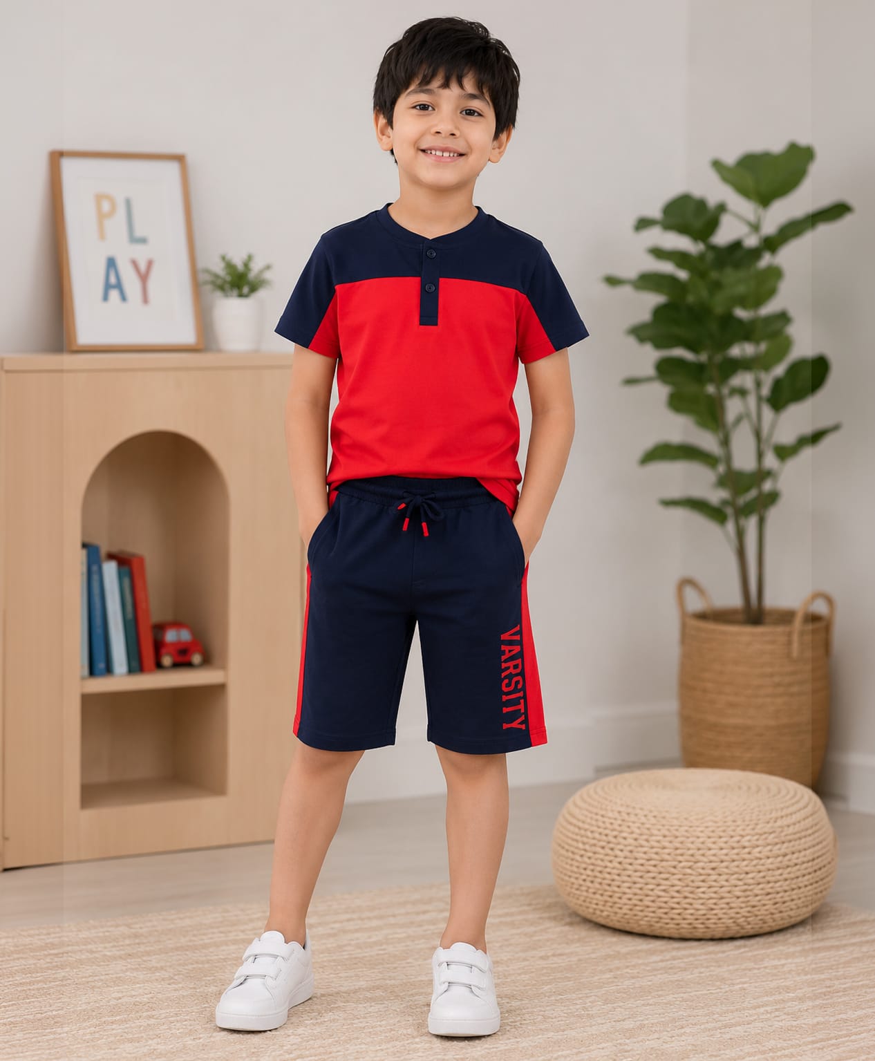 3PIN Cotton Knit Half Sleeves Colour Blocked Tee & Shorts Set - Red-image-32