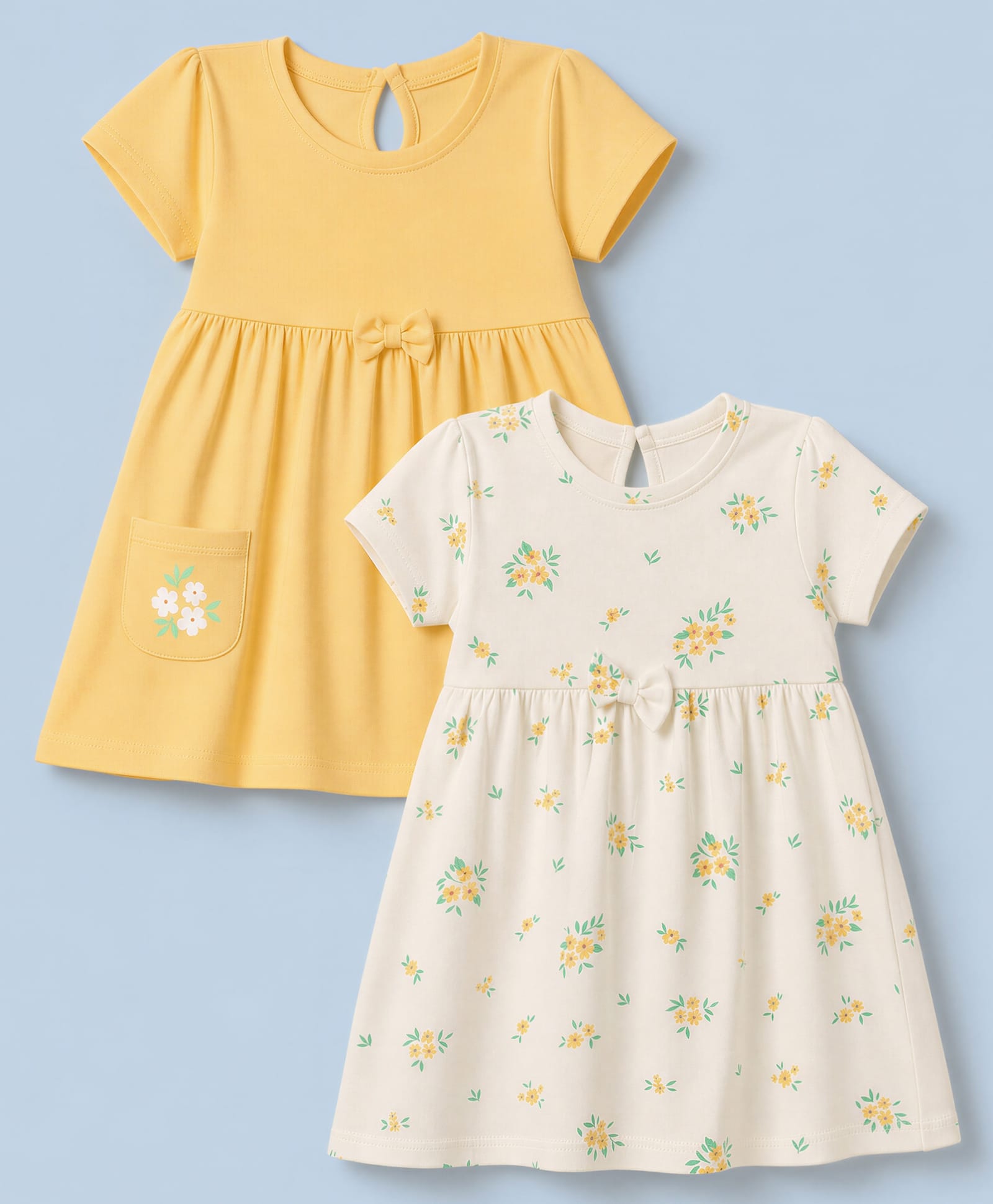 Babyhug Single Jersey Knit Frocks with Half Sleeves and Floral Print Pack of 2 - Yellow & Beige-image-32