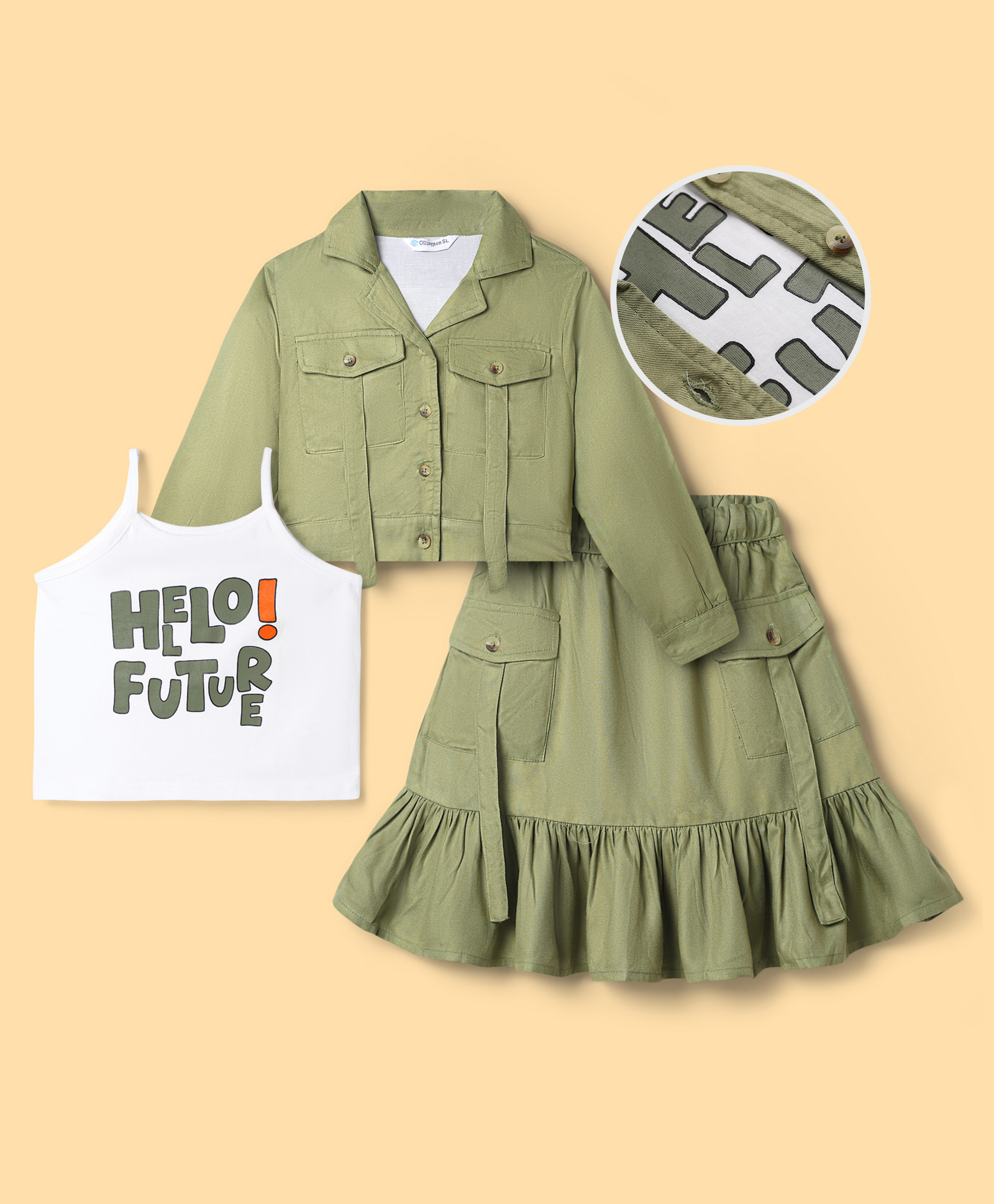 OLLINGTON ST. Cotton Twill Woven Full Sleeves Solid Jacket & Skirt Set With Inner Tee - Olive Green-image-46