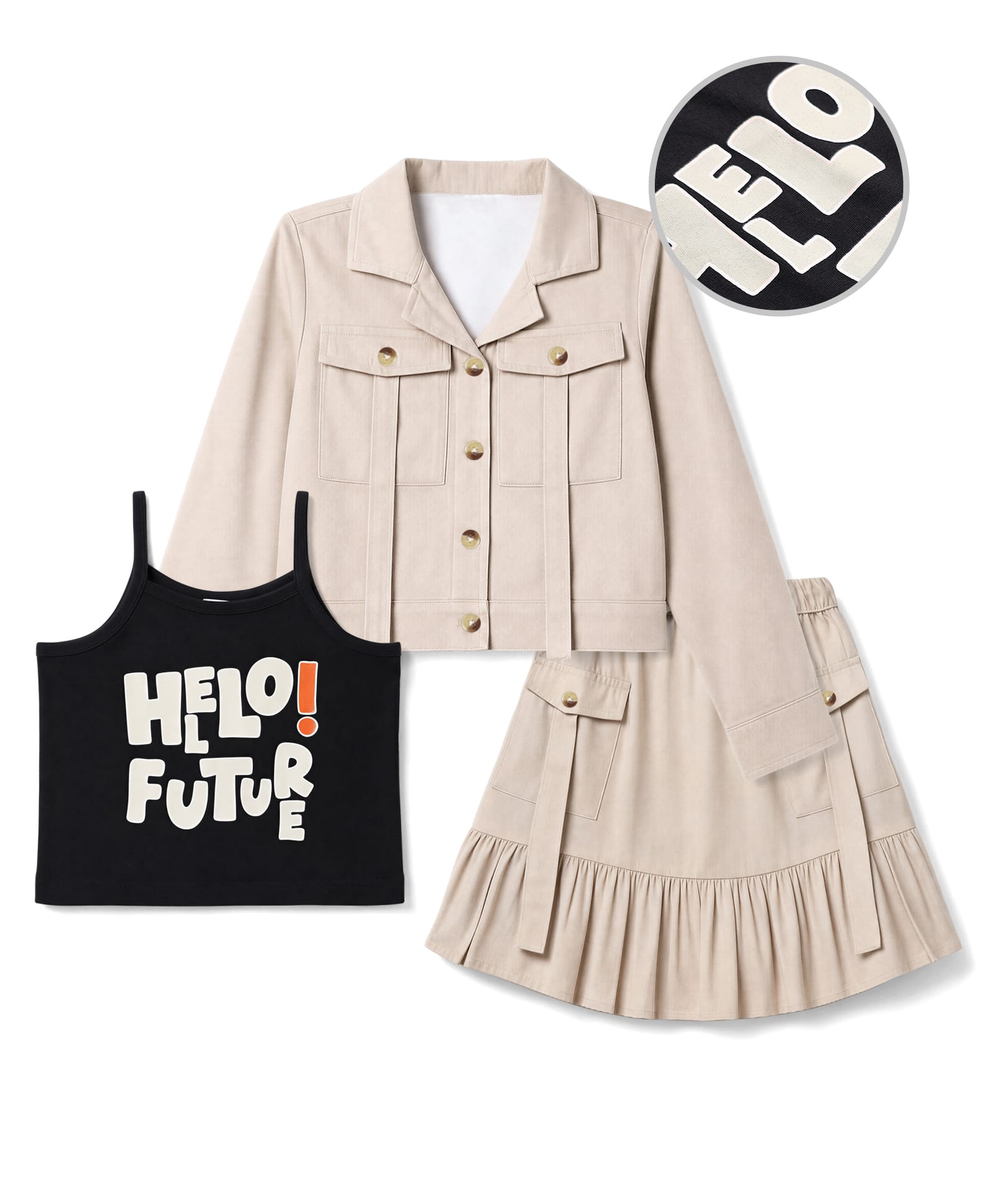 OLLINGTON ST. Cotton Twill Woven Full Sleeves Solid Jacket & Skirt Set With Text Printed Inner Tee - Beige-image-45