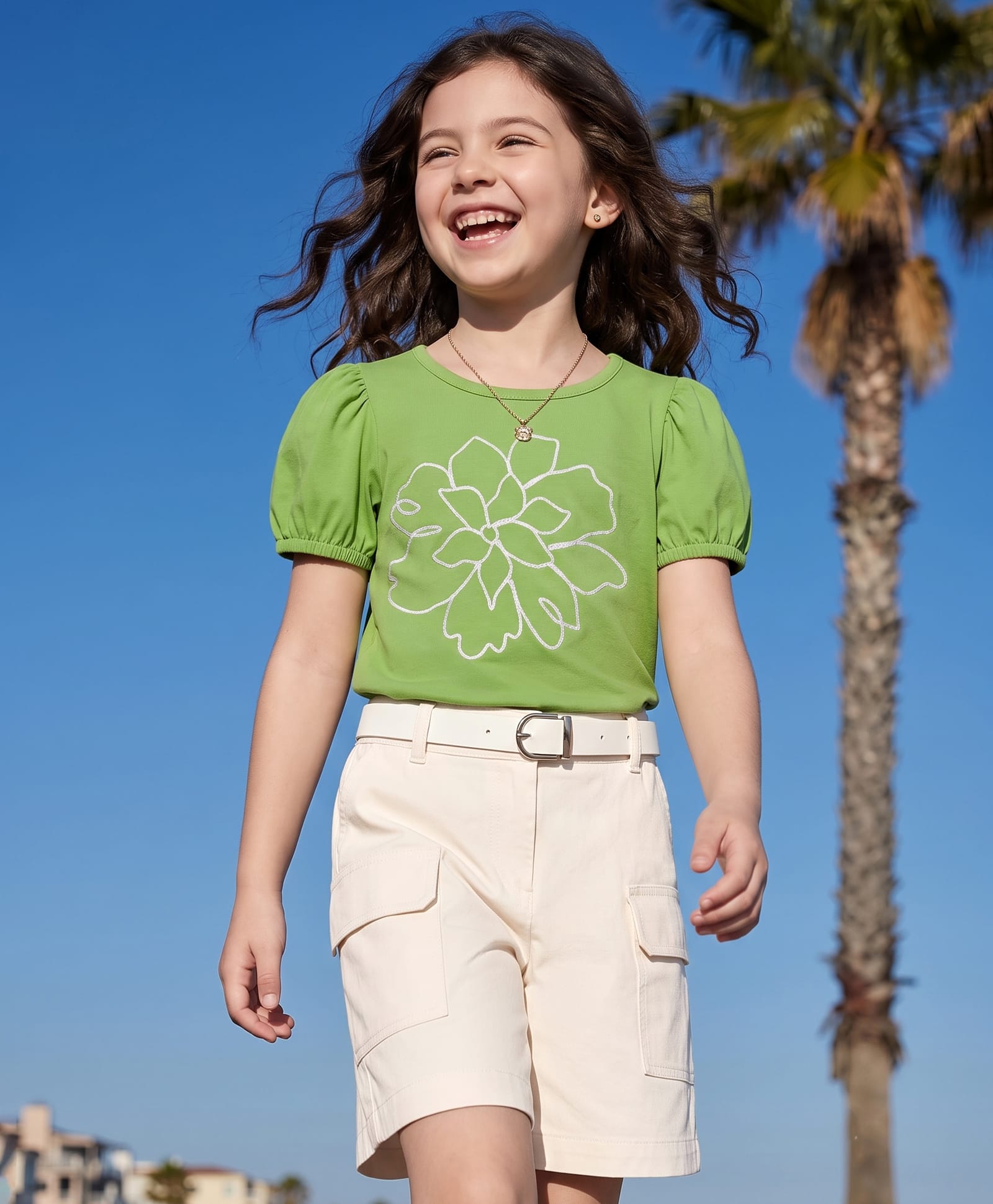 OLLINGTON ST. Set Of Cotton Knit Half sleeves Floral Embroidery Top & Shorts Set- Green & Beige-image-30