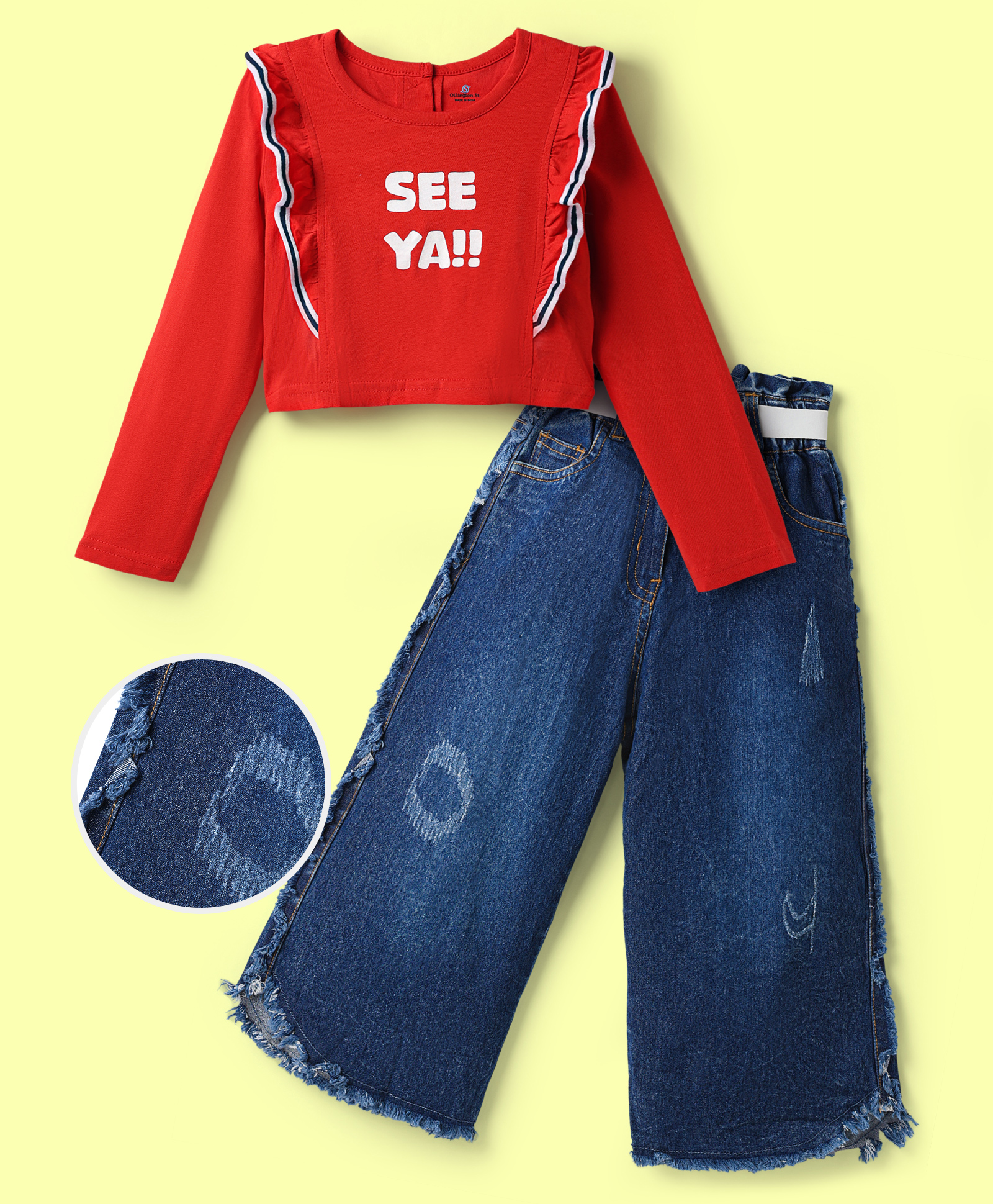 OLLINGTON ST. Sinker Cotton Knit Full sleeves Text Printed Top & Denim Pant - Red & Indigo-image-21
