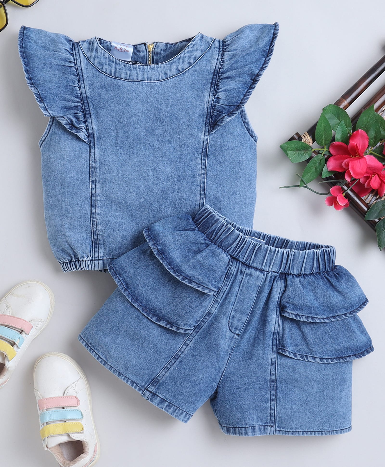Bright Stars KIDSWEAR Denim Sleeveless Frill Detailed Top & Shorts Set - Blue-image-31