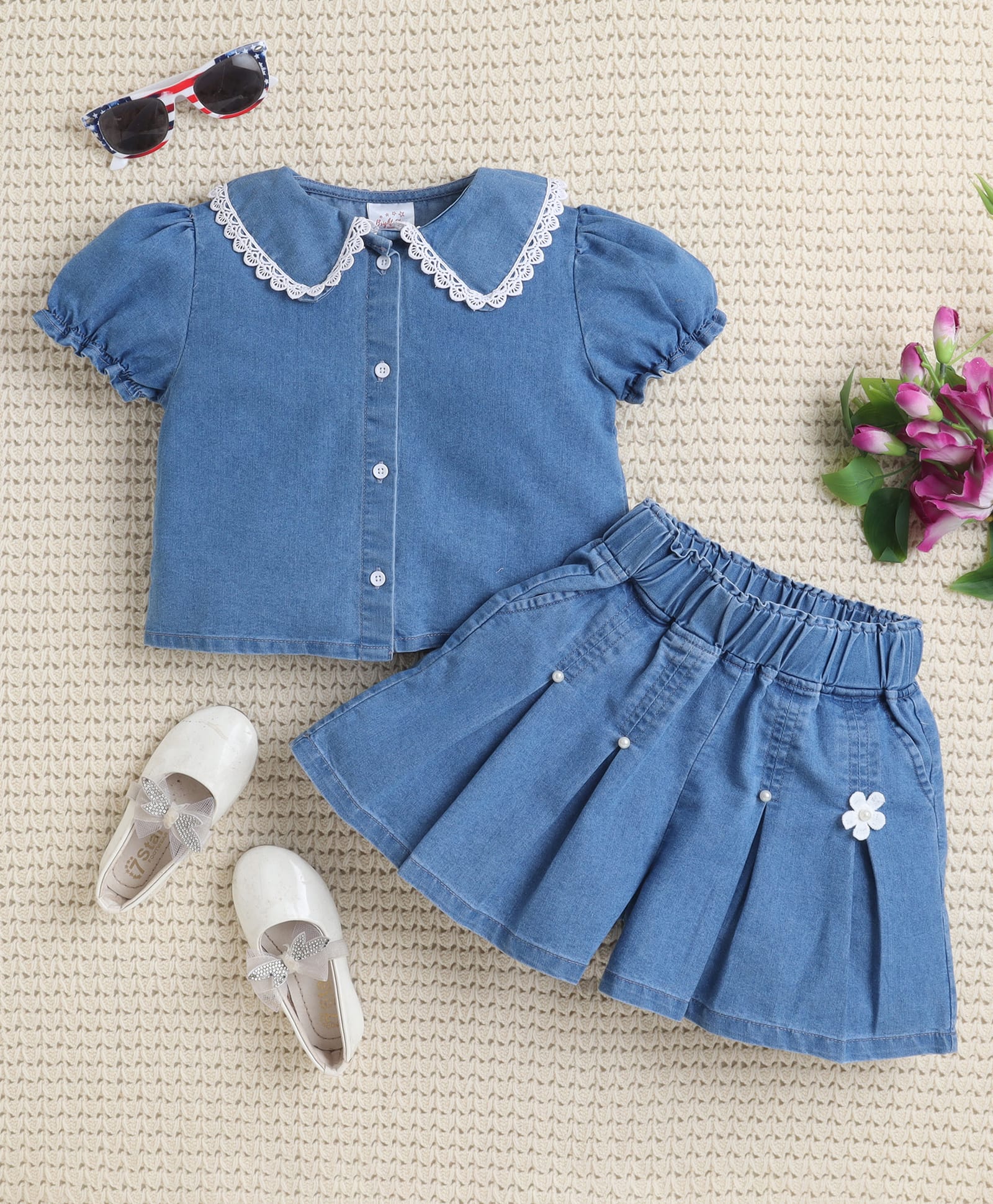 Bright Stars KIDSWEAR Denim Half Sleeves Lace Detailed Top & Skirt Set - Blue-picture-18