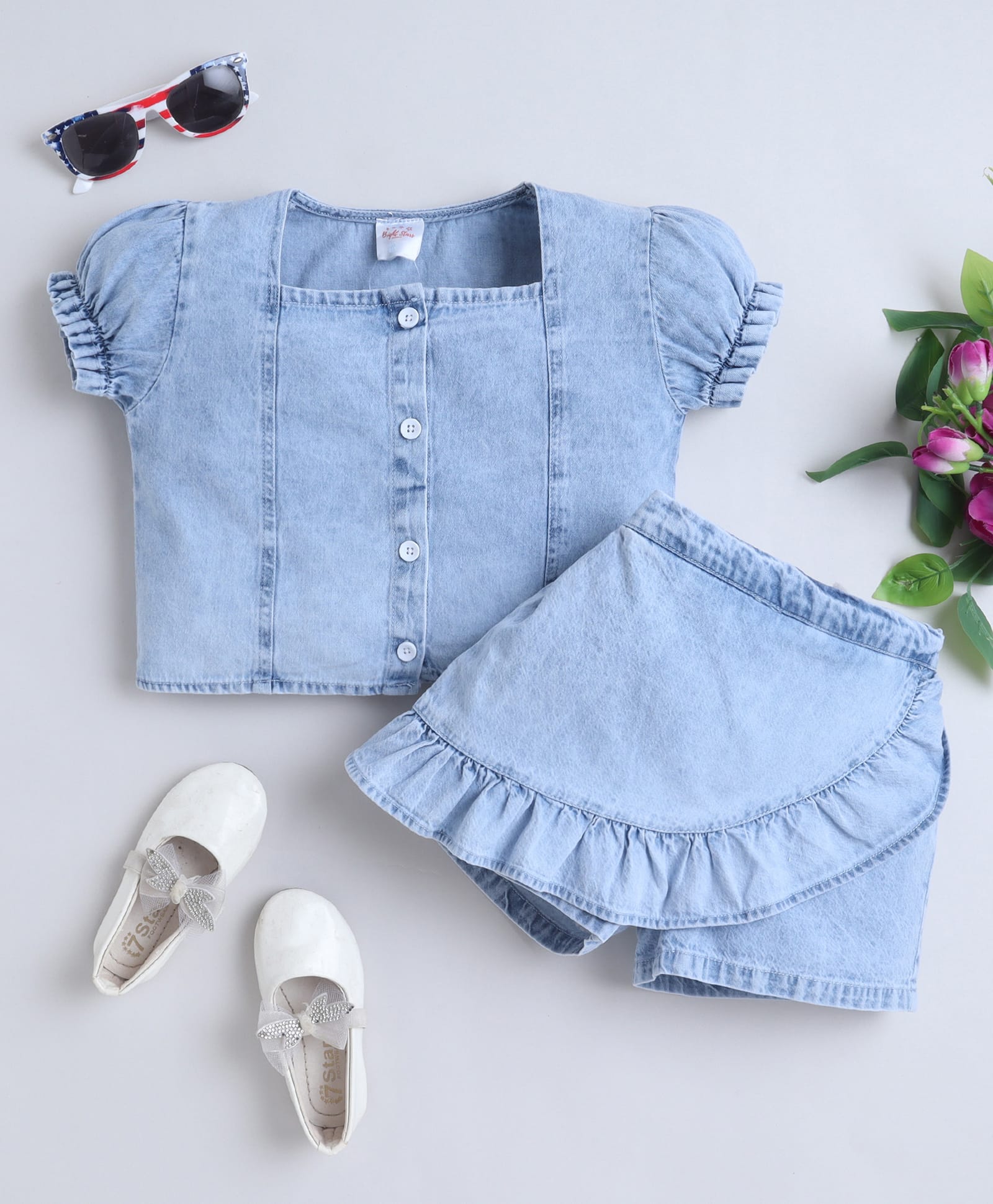 Bright Stars KIDSWEAR Denim Half Sleeves Mild Washed Top & Skort Set - Blue-image-15