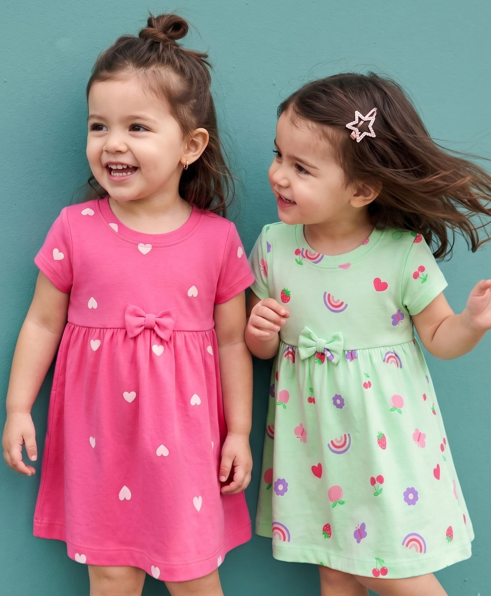 Babyhug Cotton Single Jersey Knit Half Sleeves Heart & Rainbow Print Pack of 2 - Pink & Sea Green-image-36