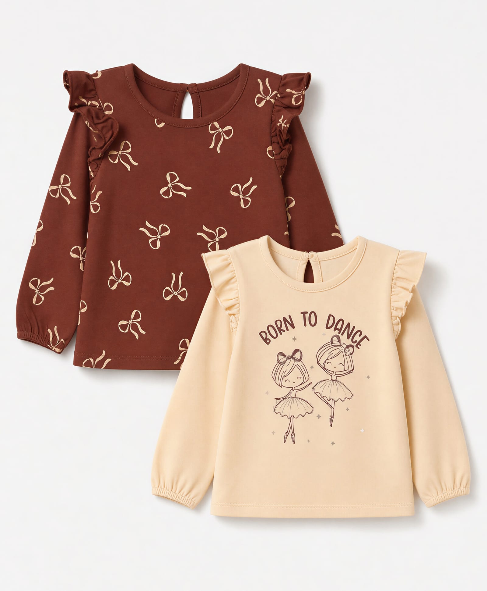 Doodle Poodle 100% Cotton Knit Full Sleeves Tops with Bow and Ballerina Print Pack of 2 - Cream & Brown-image-13