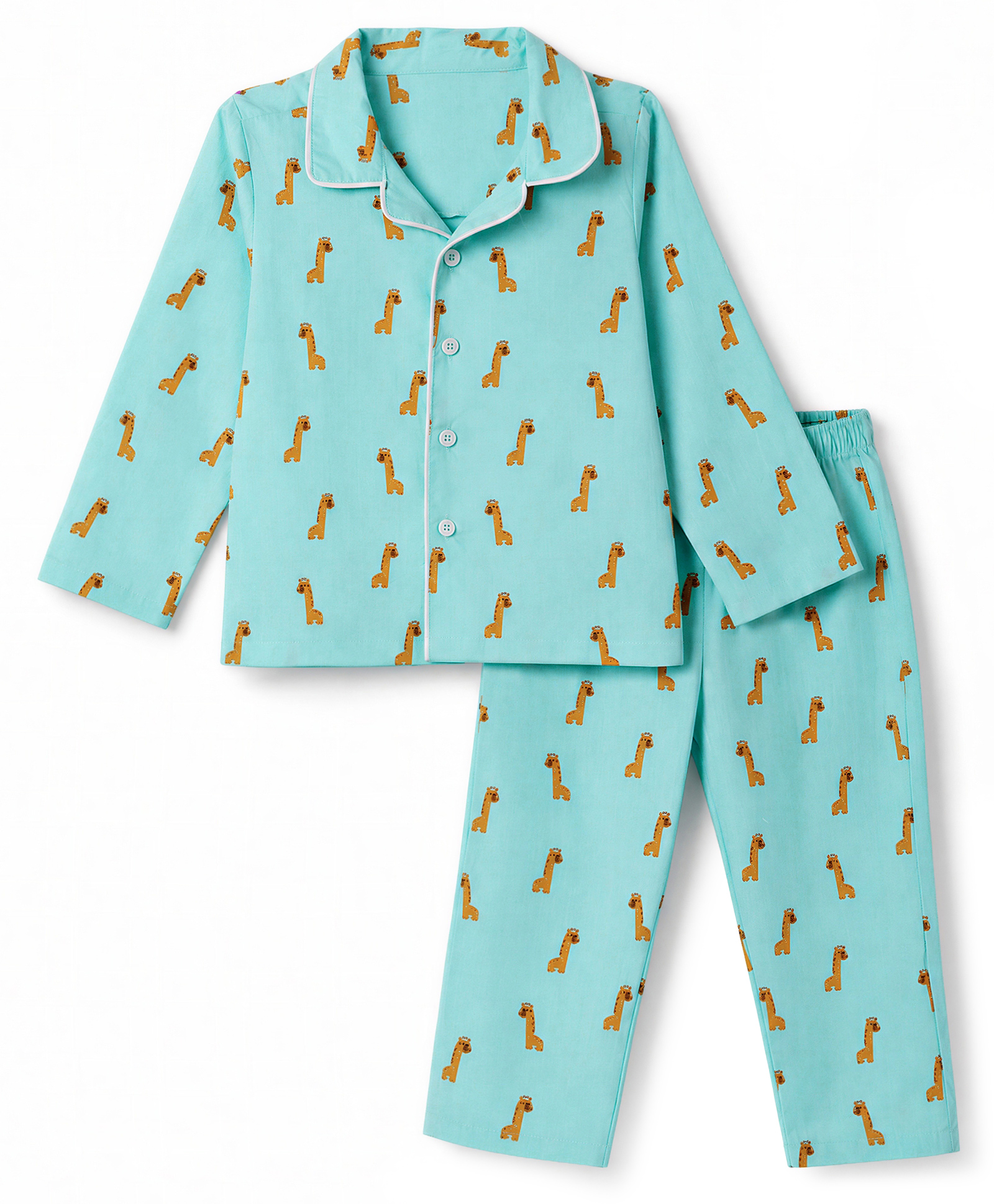 Babyhug Cotton Knit Full Sleeves Co-Ords Shirt & Pyjama Night Suit with Giraffe Print - Turquoise-image-17