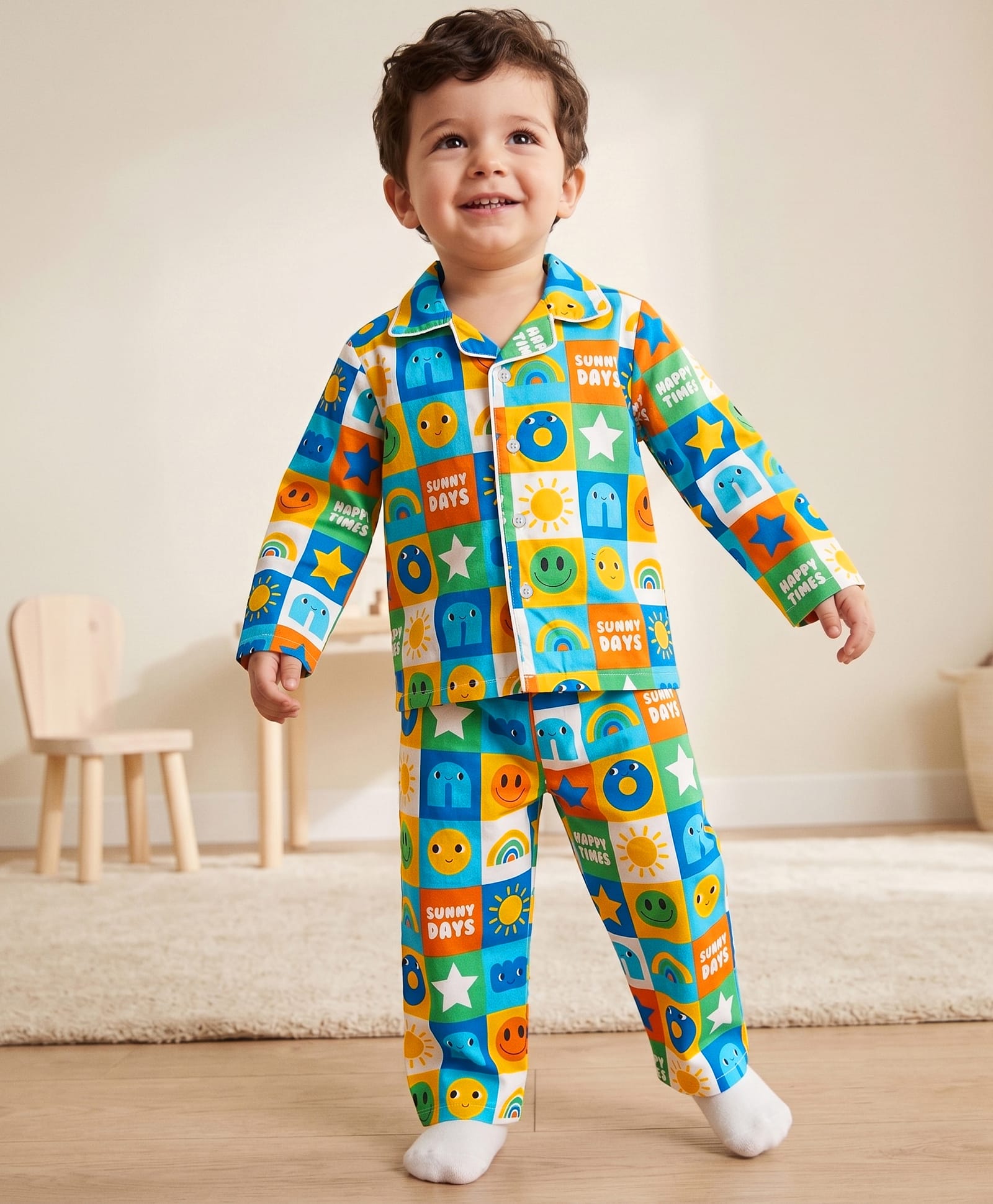 Babyhug Cotton Knit Full Sleeves Co-Ords Shirt & Pyjama Night Suit with Sunny Day Print - Blue-image-22