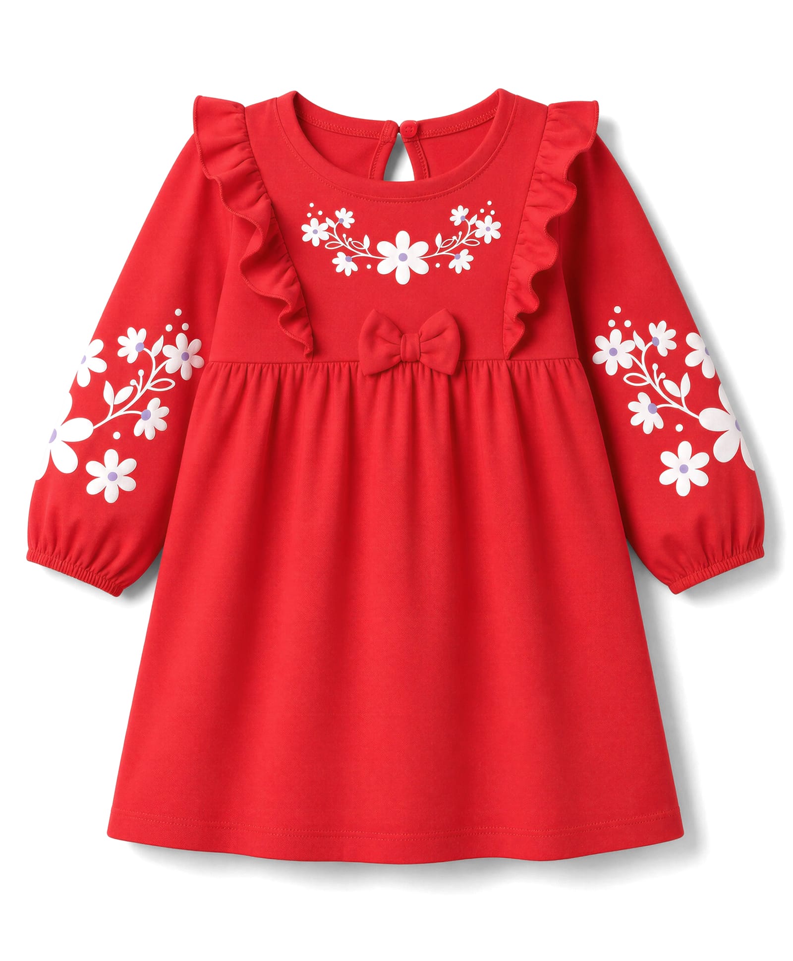 Babyhug Single Jersey Knit Full Sleeves Dress with Floral Print & Bow Applique - Red-picture-33