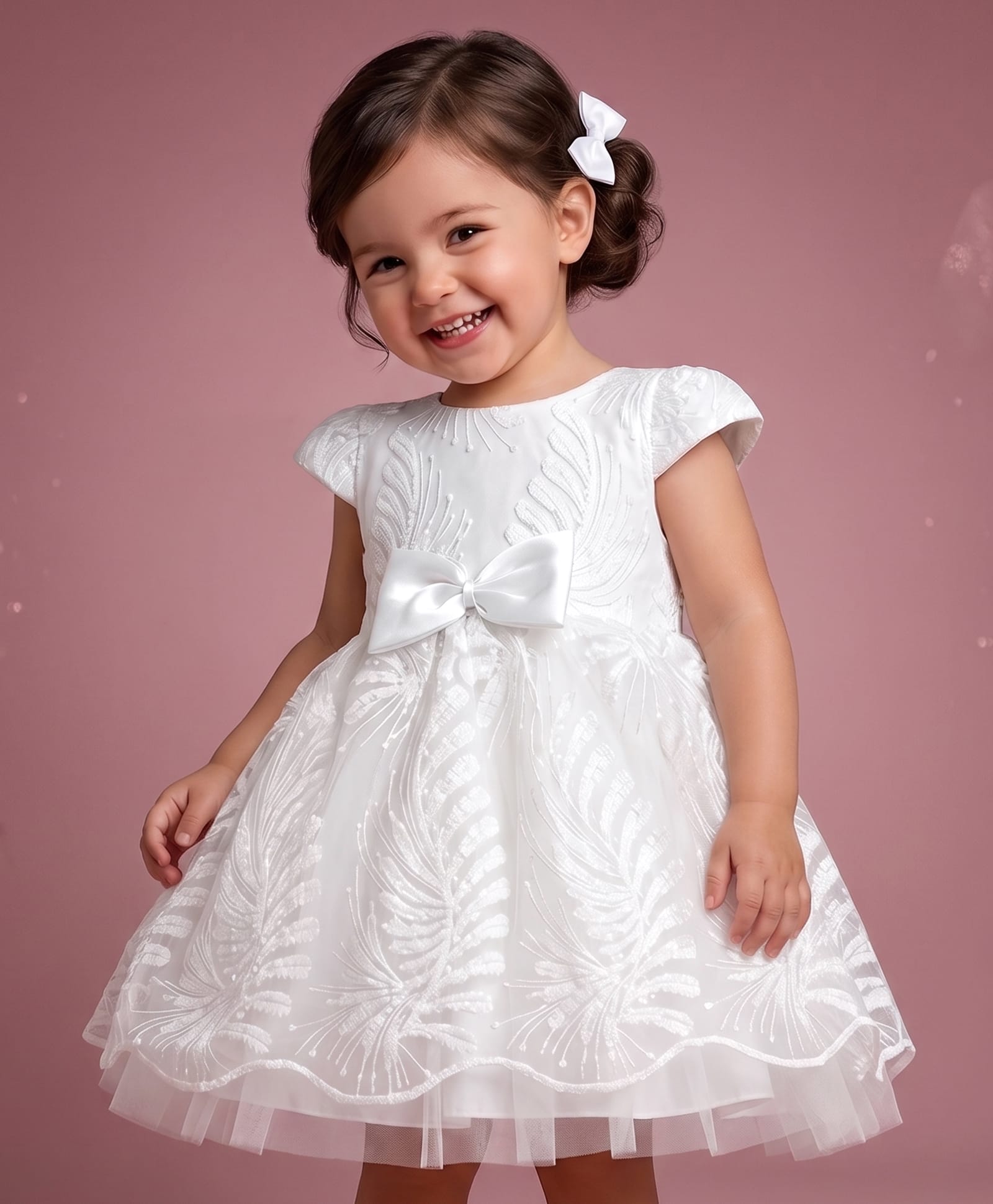 Babyhug Mesh Woven Half sleeves Party Dress With Sequin Leaves Thread Embroidery & Bow Applique - White-image-2