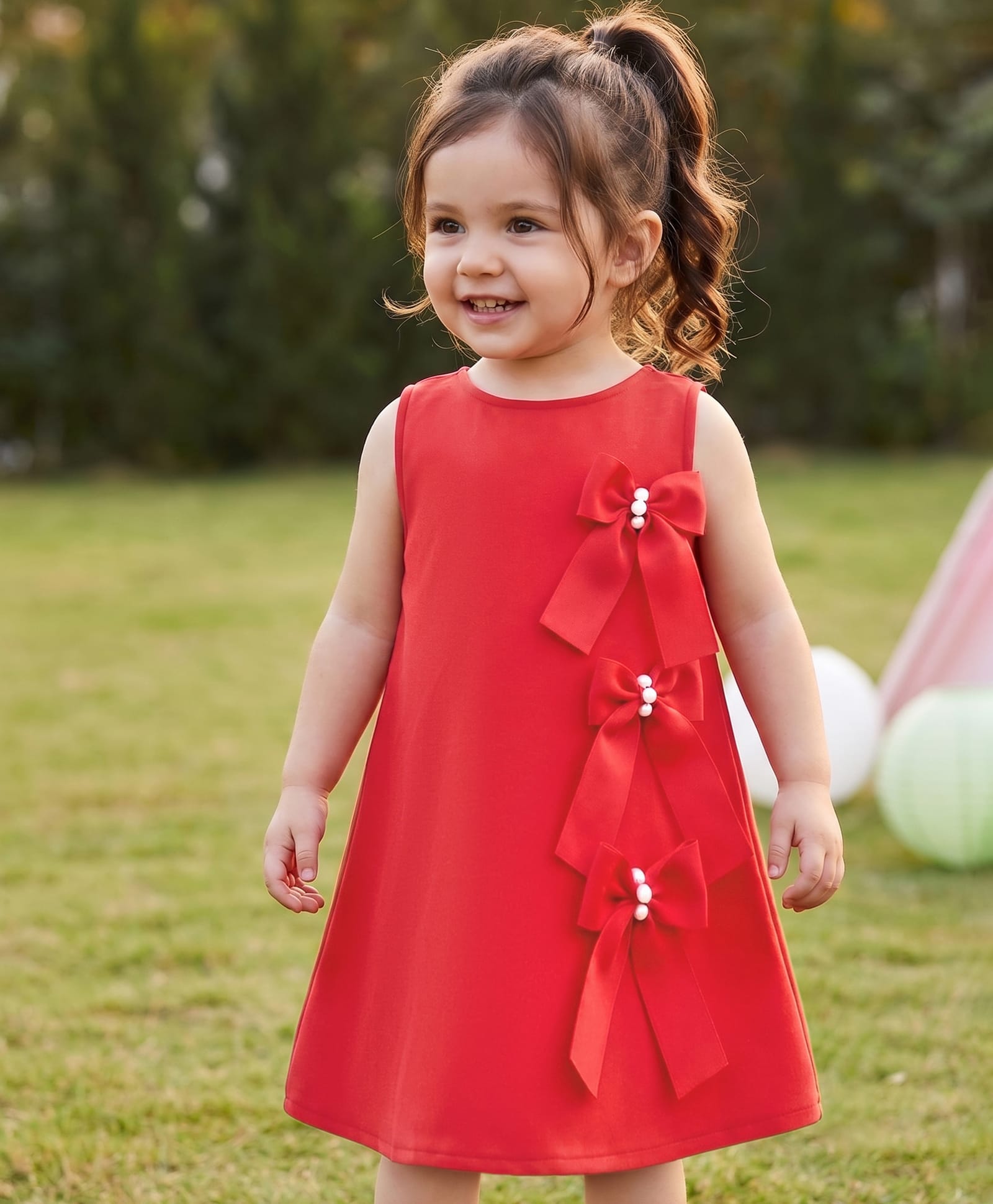 Babyhug Scuba Knit Sleeveless A Line Solid Colour Party Dress with Bow Applique - Red-picture-26