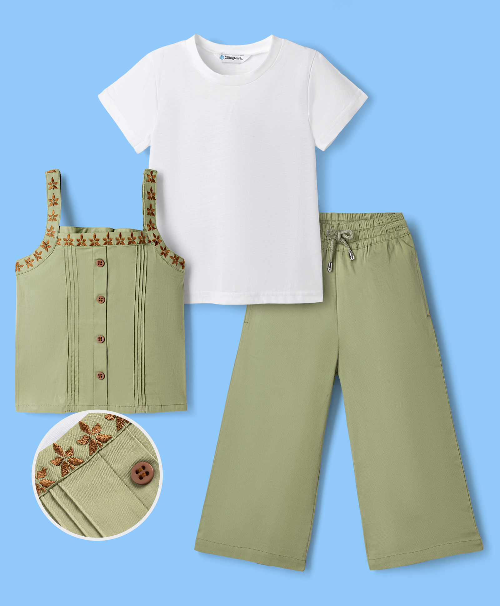 OLLINGTON ST. Woven Sleeveless Twill Jacket With Inner Top & Pant Set - Olive Green-image-5