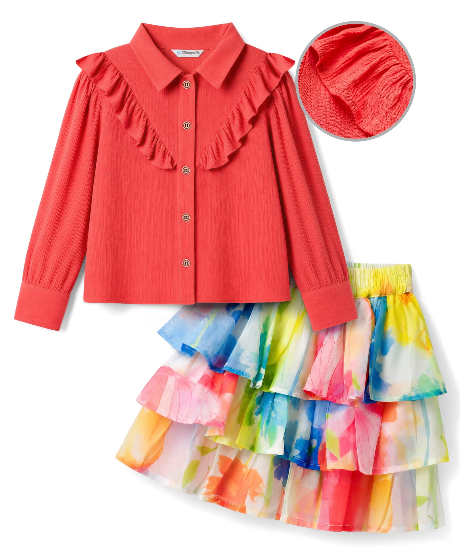 OLLINGTON ST. Set Of Viscose Rayon Woven Full Sleeve Top & Printed Georgette Skirt - Red-image-32