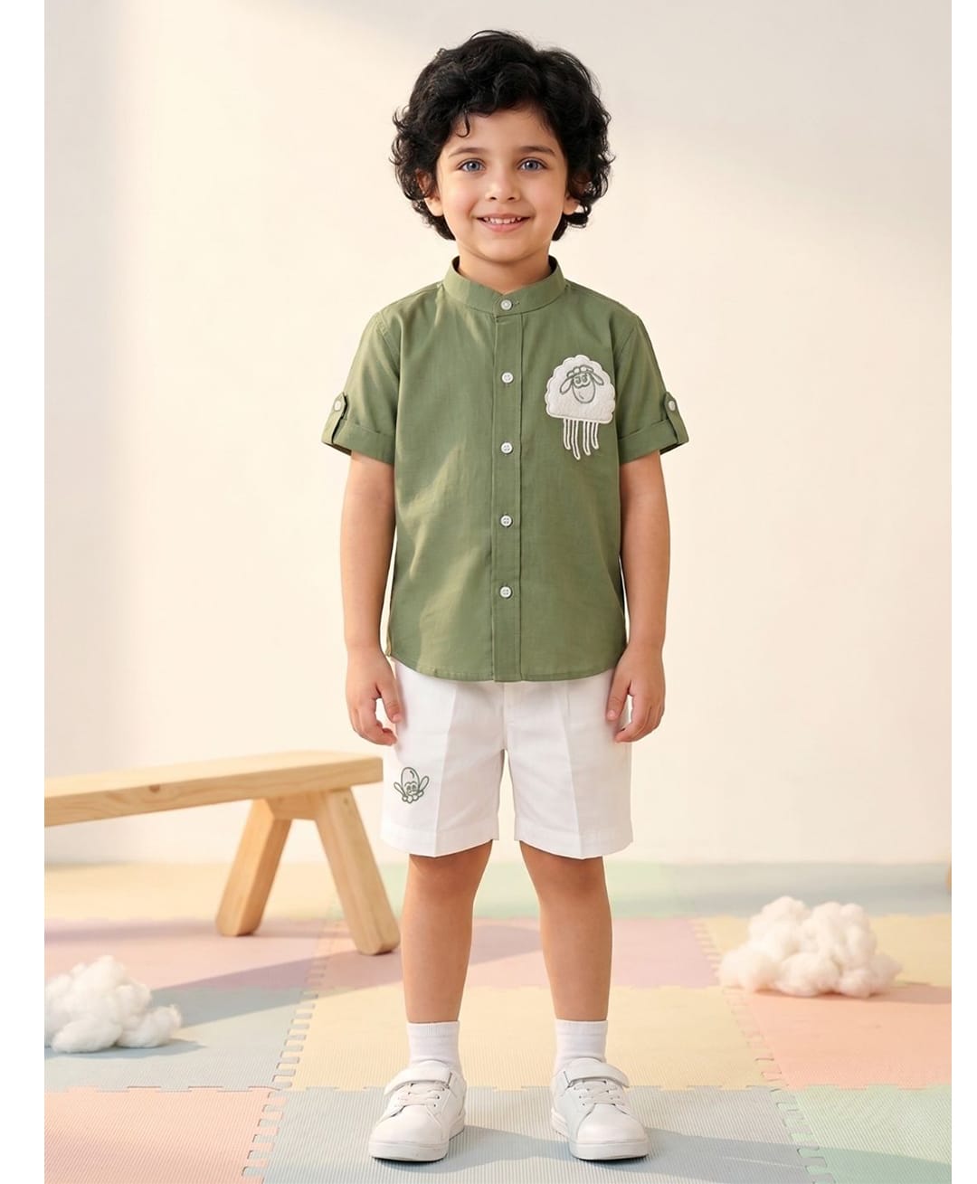 AJ Dezines Pure Cotton Knit Woven Half Sleeves Sheep Embroidered Shirt & Shorts Set - Green-picture-22