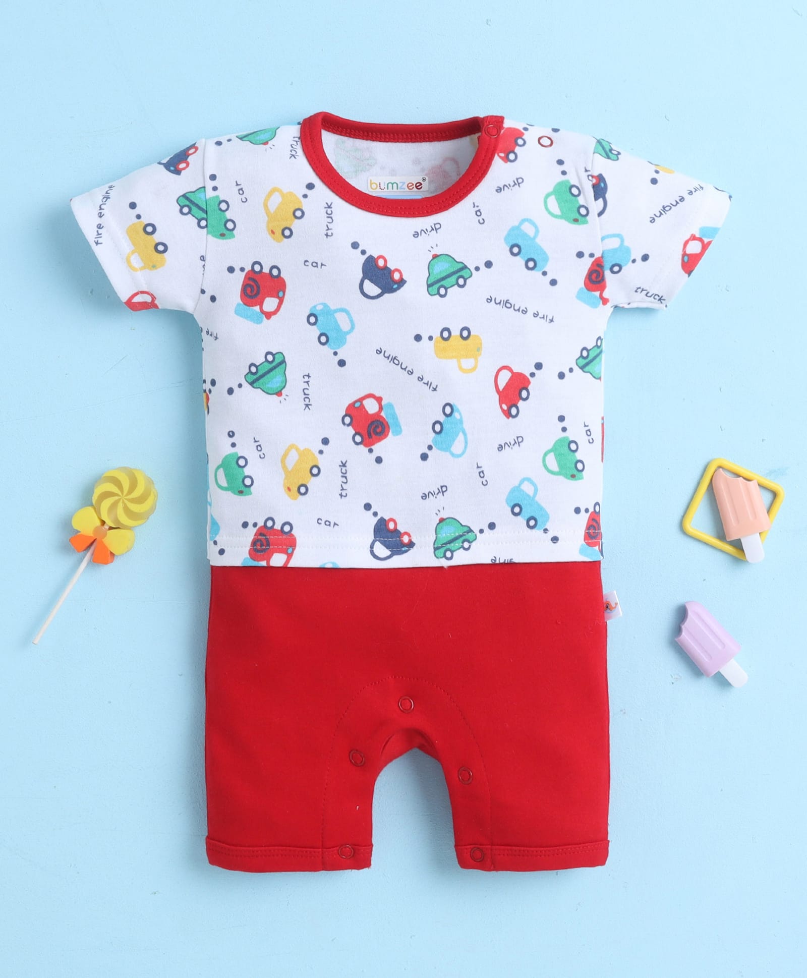 BUMZEE Cotton Knit Half Sleeves Cars Printed Romper - White & Red-image-8