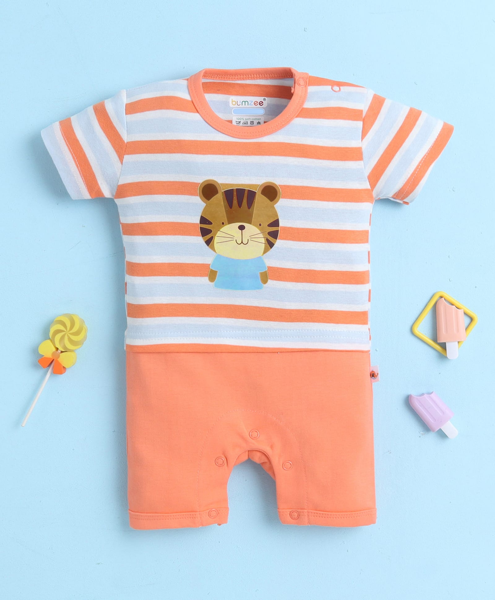 BUMZEE Cotton Knit Half Sleeves Bear Printed Striped Romper - Orange-image-16