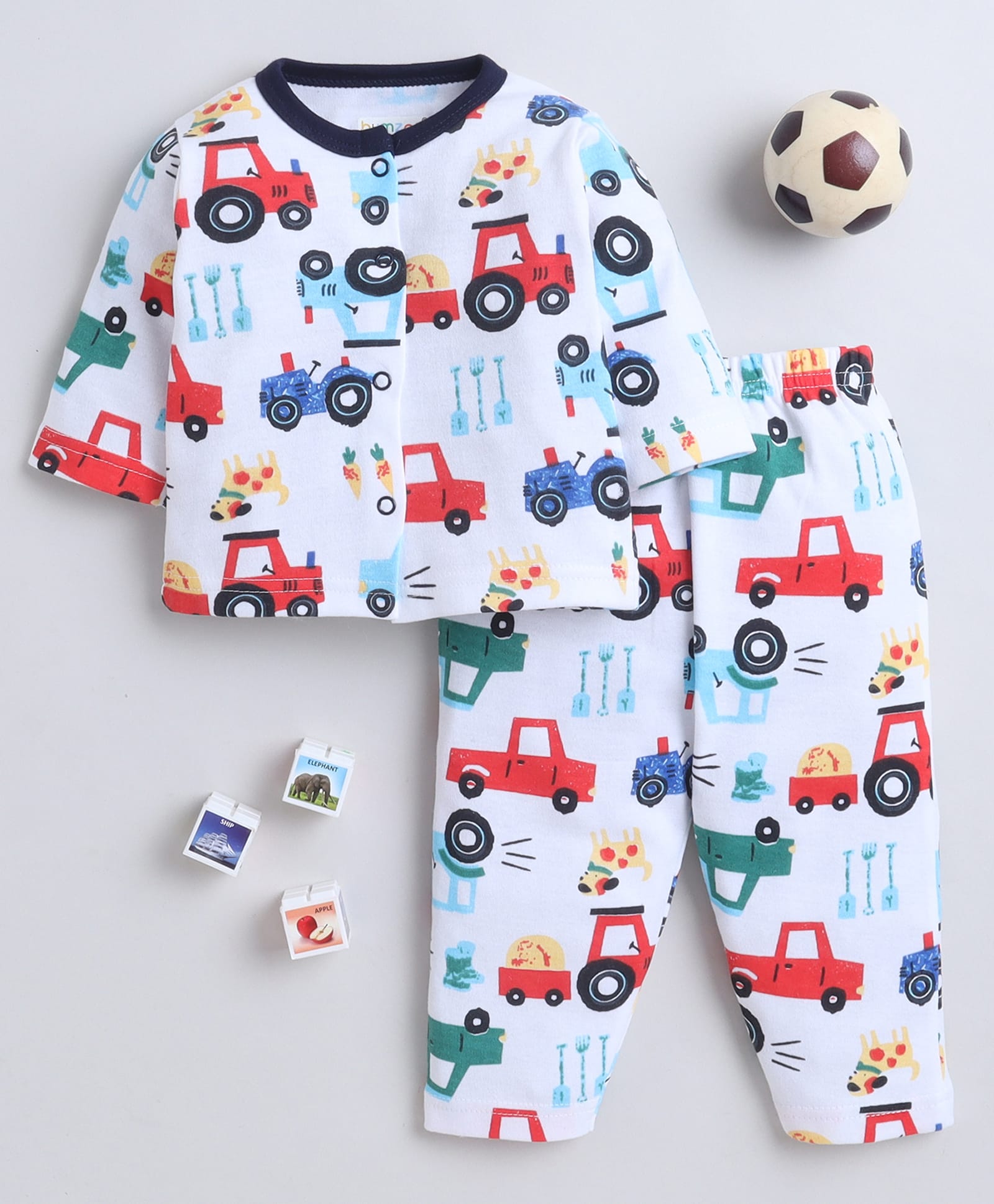 BUMZEE Cotton Knit Full Sleeves Vehicle Printed Coordinating Shirt & Pajama Night Suit - White-image-10