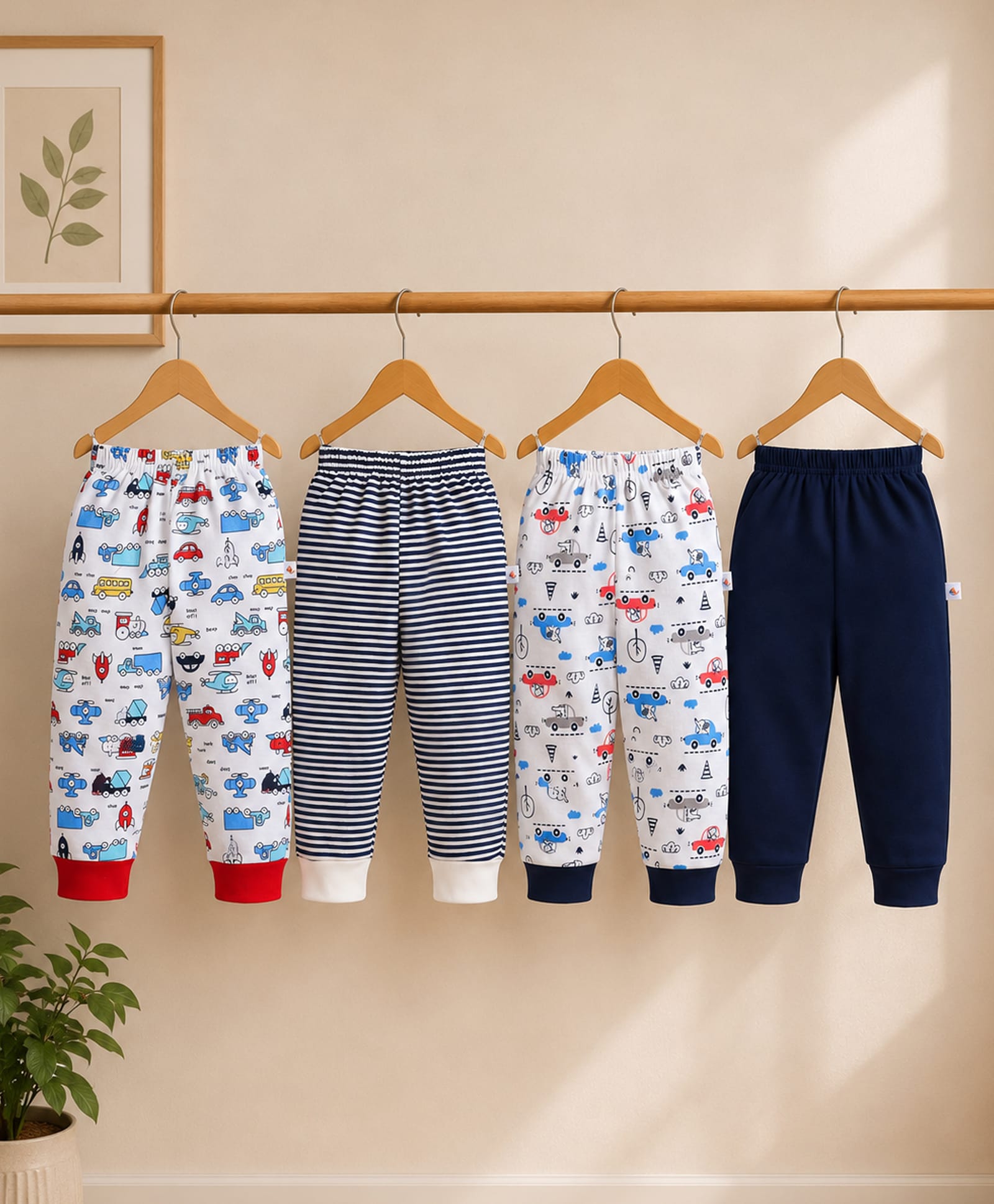 BUMZEE Cotton Knit Pack Of 4 Solid Striped & Vehicles Printed Pants - Navy Blue & White-picture-22