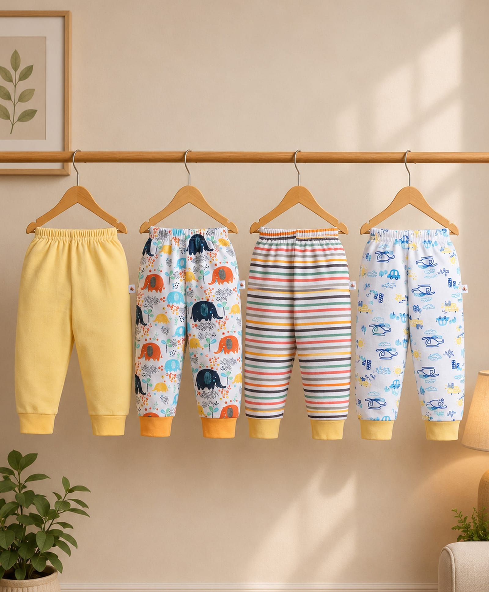 BUMZEE Cotton Knit Pack Of 4 Solid Striped Vehicles & Elephants Printed Pants - Yellow & White-picture-19