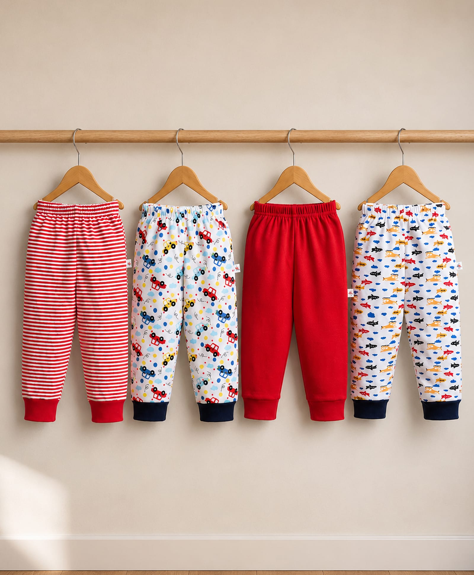 BUMZEE Cotton Knit Pack Of 4 Solid Striped & Vehicles Printed Pants - Red & White-image-43