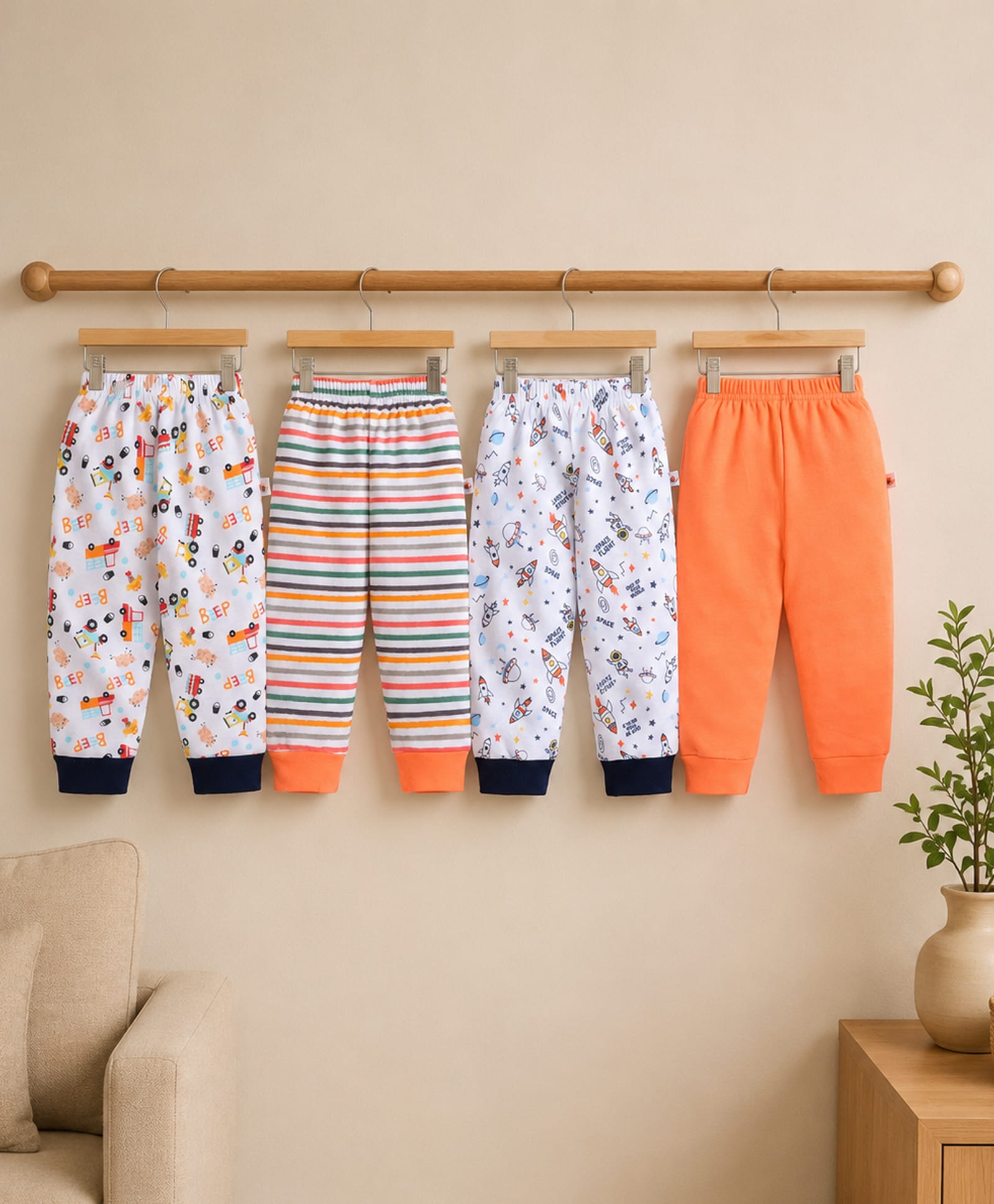 BUMZEE Cotton Knit Pack Of 4 Solid Striped Vehicles & Space Theme Printed Pants - Orange & White-image-25