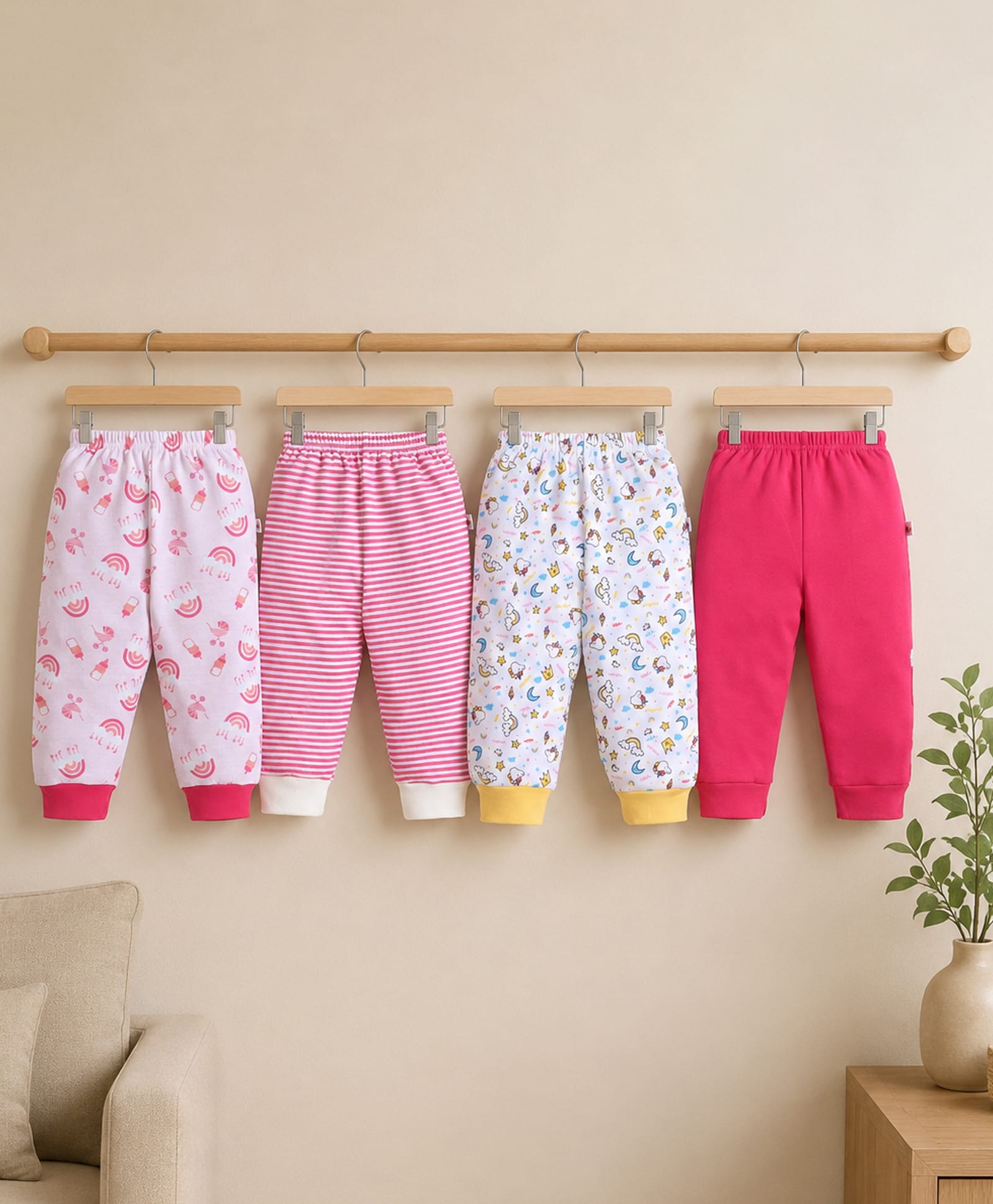 BUMZEE Cotton Knit Pack Of 4 Solid Striped & Rainbow Printed Pants - Pink & White-image-10