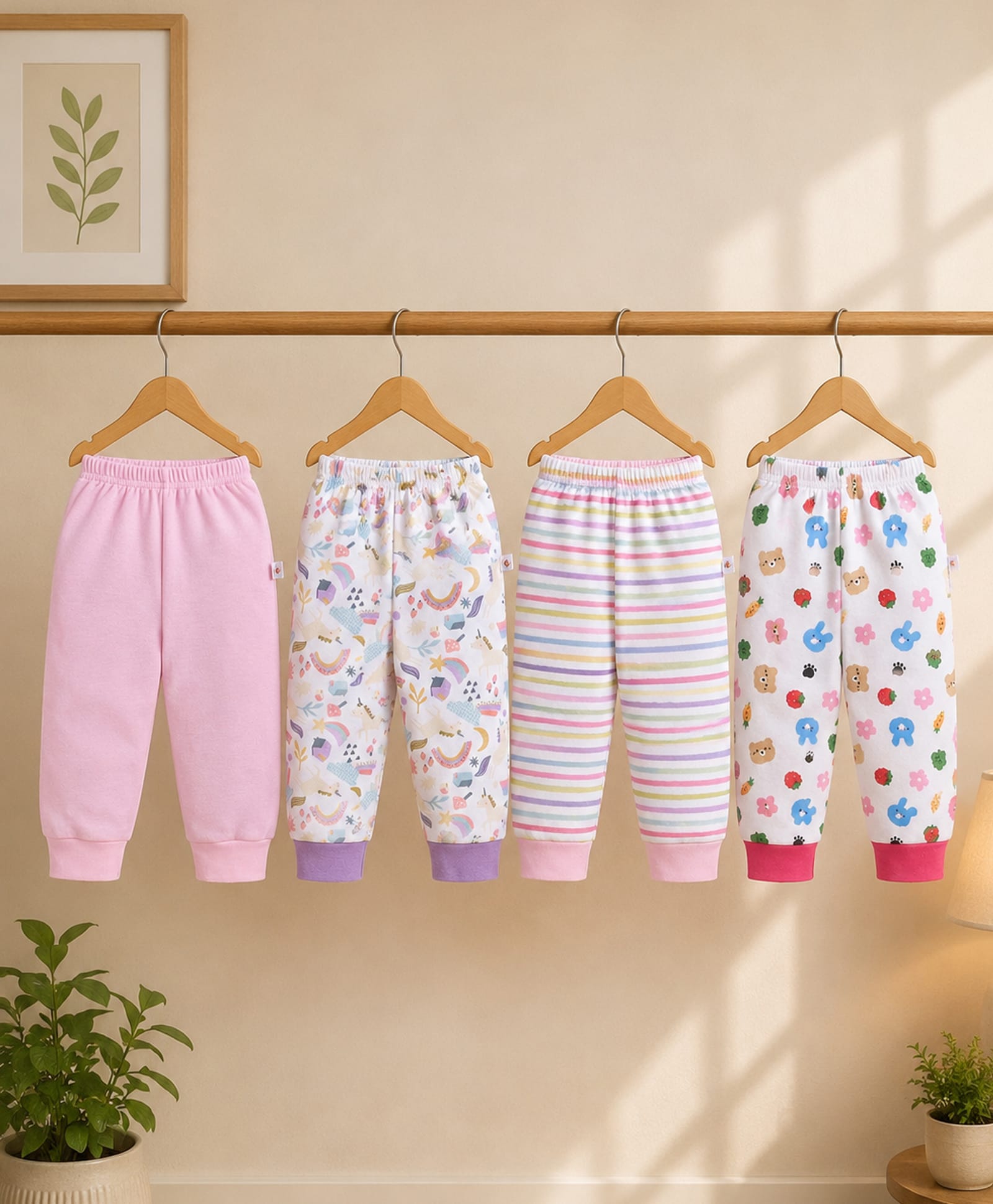 BUMZEE Cotton Knit Pack Of 4 Solid Striped & Animals Printed Pants - Baby Pink & White-image-31