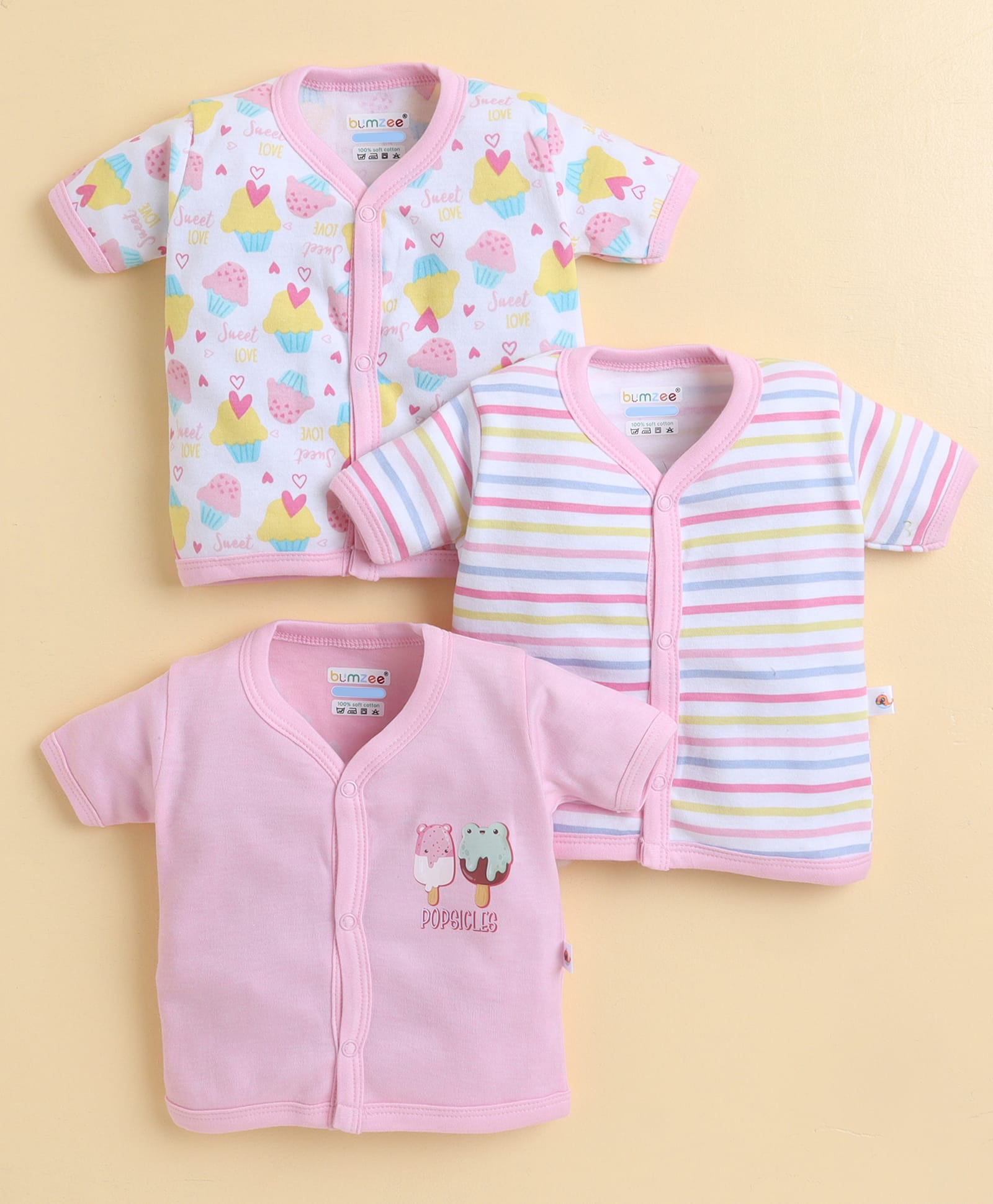 BUMZEE Cotton Knit Pack Of 3 Half Sleeves Cupcake Popsicles Printed & Striped Jablas - Pink & White-image-24