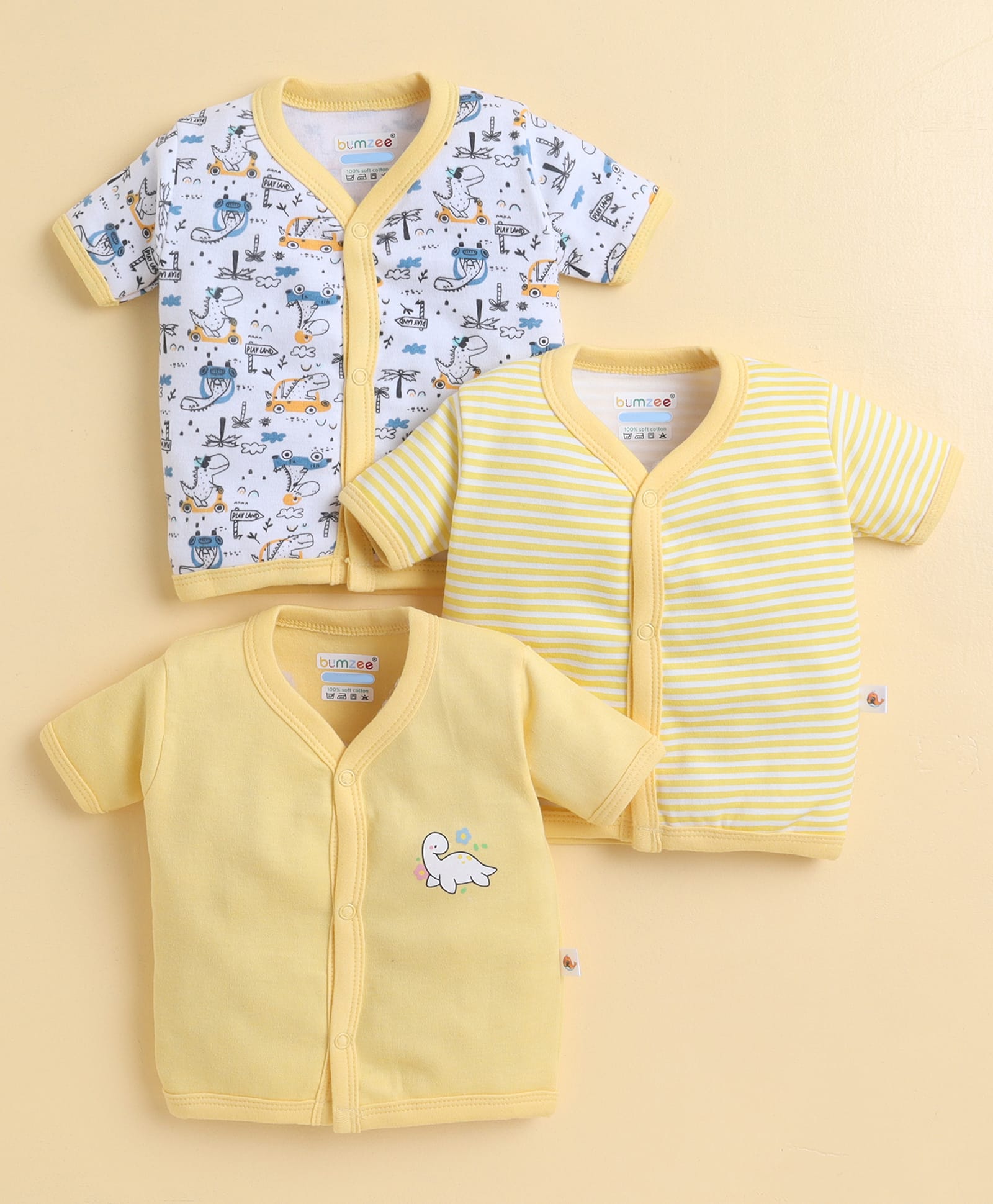 BUMZEE Cotton Knit Pack Of 3 Half Sleeves Dinosaur Printed & Striped Jablas - Yellow & White-image-48