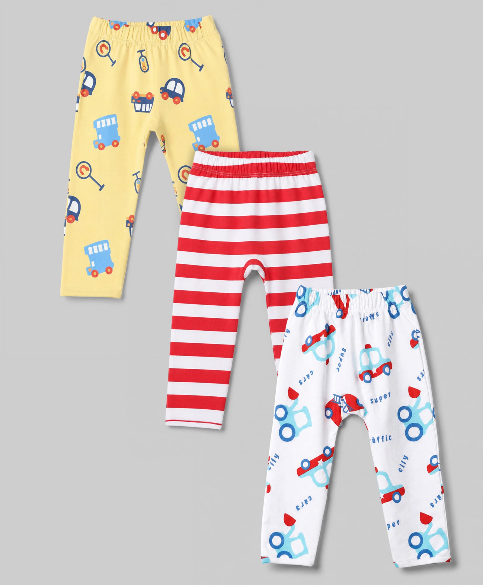 Doodle Poodle 100% Cotton Knit Full Length Striped & Vehicles Printed Diaper Leggings Pack Of 3 - Red White & Yellow-picture-15