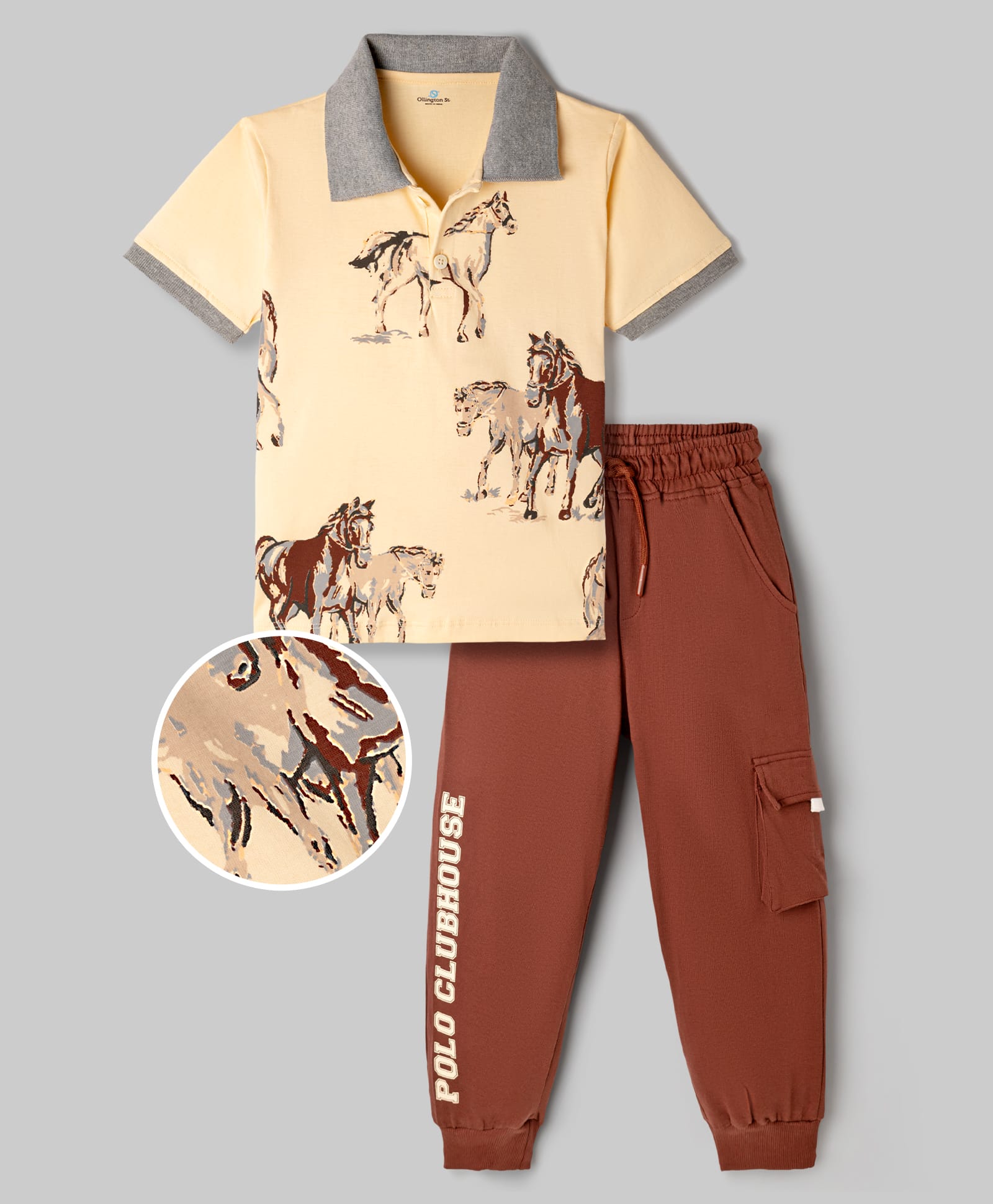OLLINGTON ST. Cotton Sinker Knit Animal Printed Half Sleeves Polo T-Shirt & Joggers Set With Text Print - Beige & Brown-image-13