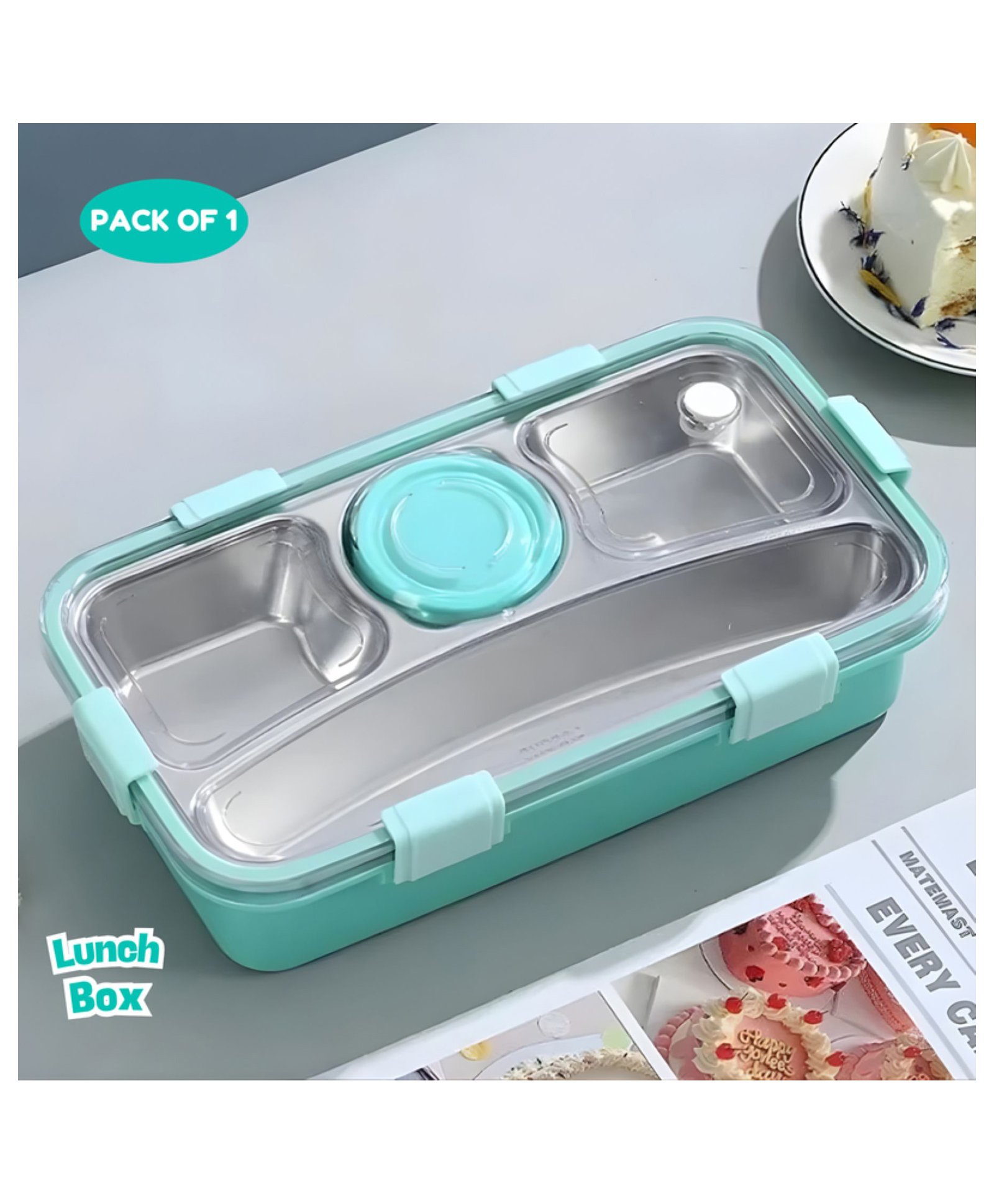 Puchku Lunch Box 650ml + 150ml with Spoon and Chopstick + Bowl, 304 SUS Stainless Steel Bento Box for Office and School - Green-image-42