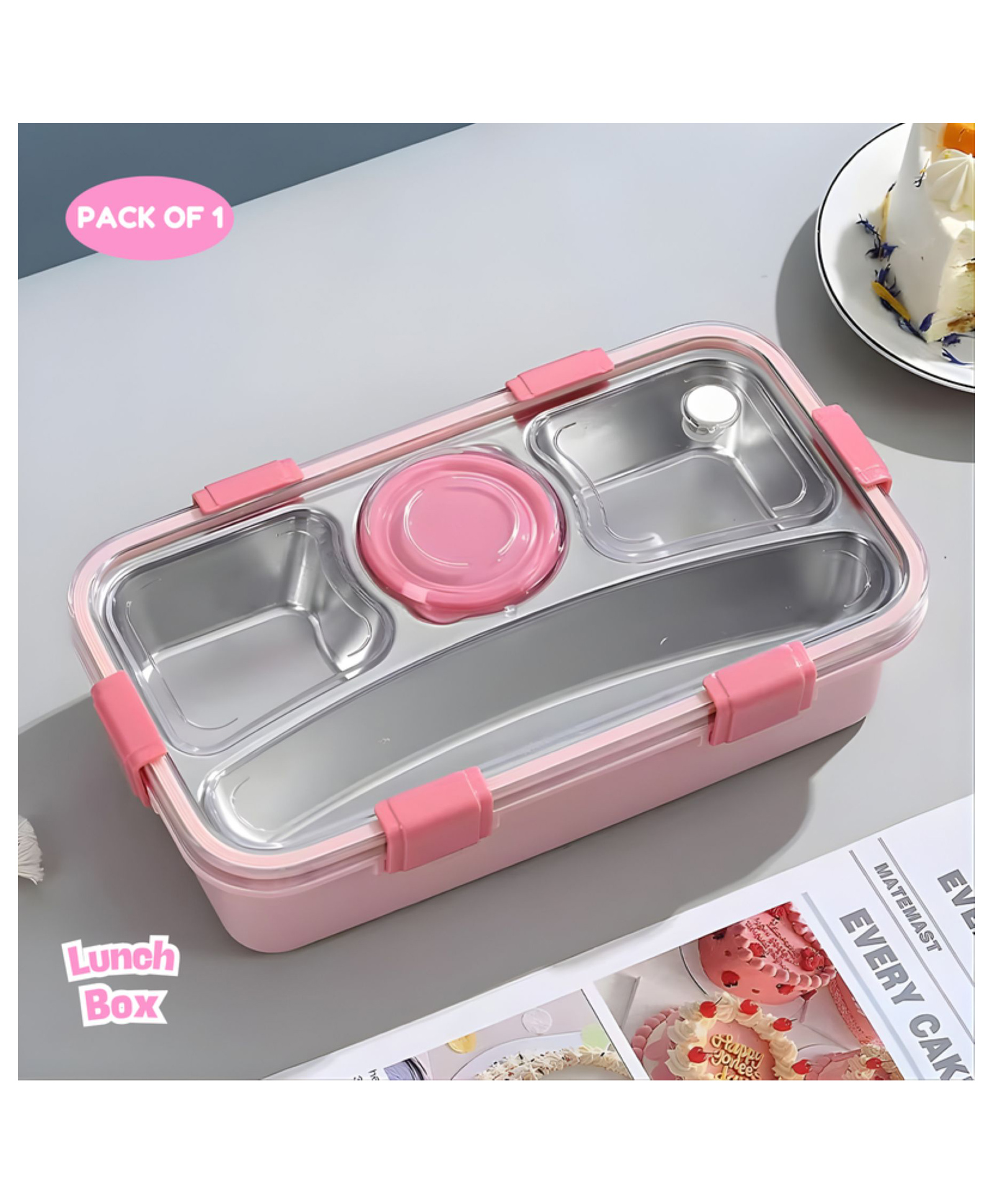 Puchku Lunch Box 650ml + 150ml with Spoon and Chopstick + Bowl, 304 SUS Stainless Steel Bento Box for Office and School - Pink-image-29