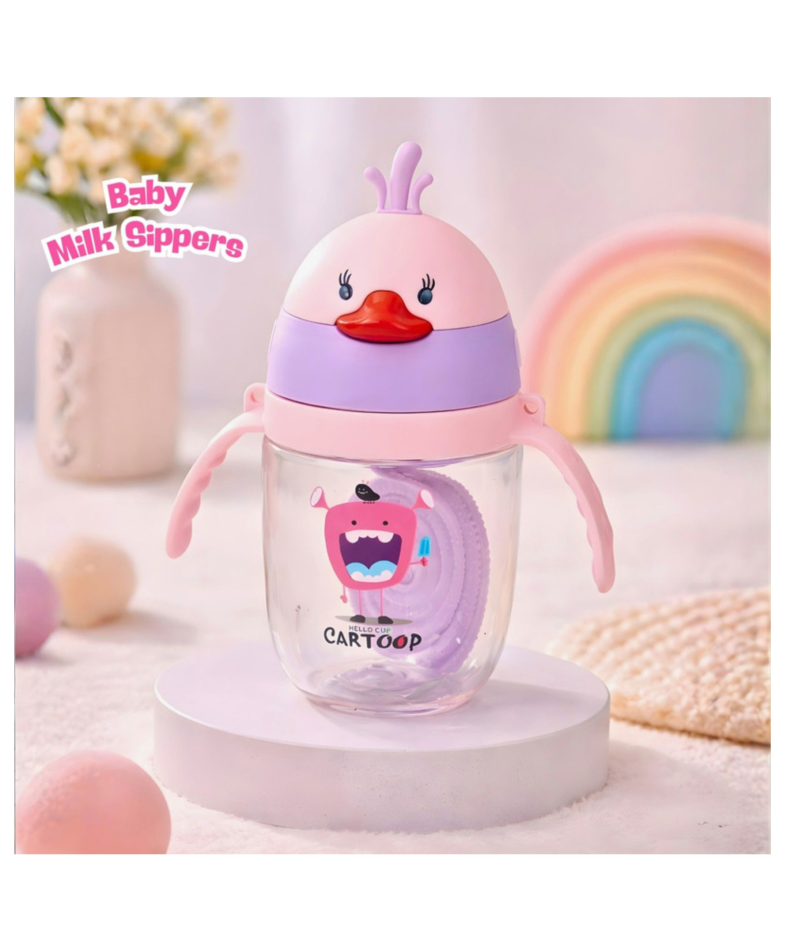 Puchku Straw Sipper Cup, 350ml, with Twin Handle, Anti-Spill Lock, BPA Free- Pink-picture-16