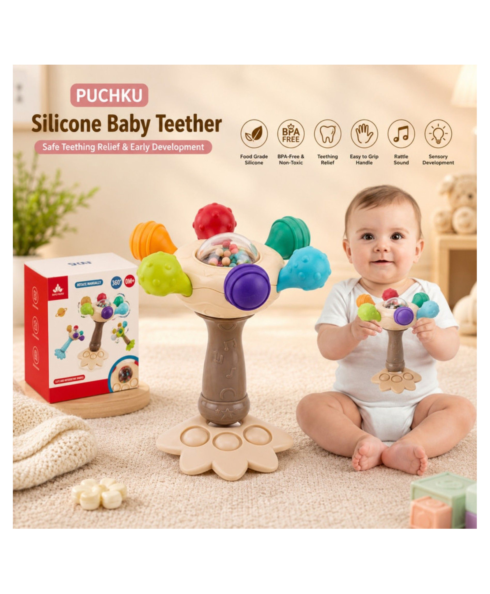 Puchku Manual rotate Teether Rattle Bright Colors & Sounds|Promotes Motor Skills & Sensory Development| (Pack of 1, Brown)-image-17