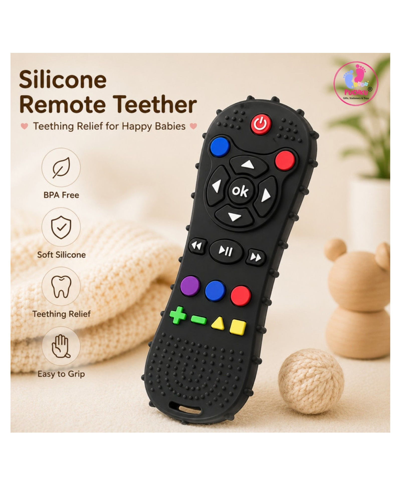 Puchku Remote Control Teether Toy for Babies - Black-image-37