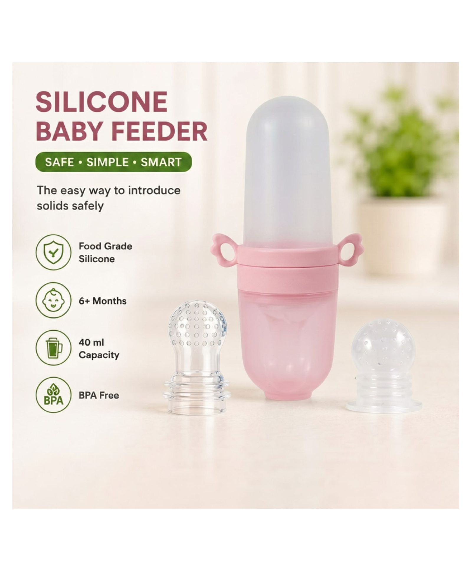 Puchku First Feed Food Feeder with for 4M+ Baby, Premium Soft Silicone Food Grade BPA Free for Cereals, Infant, Kids (Pink)-image-17