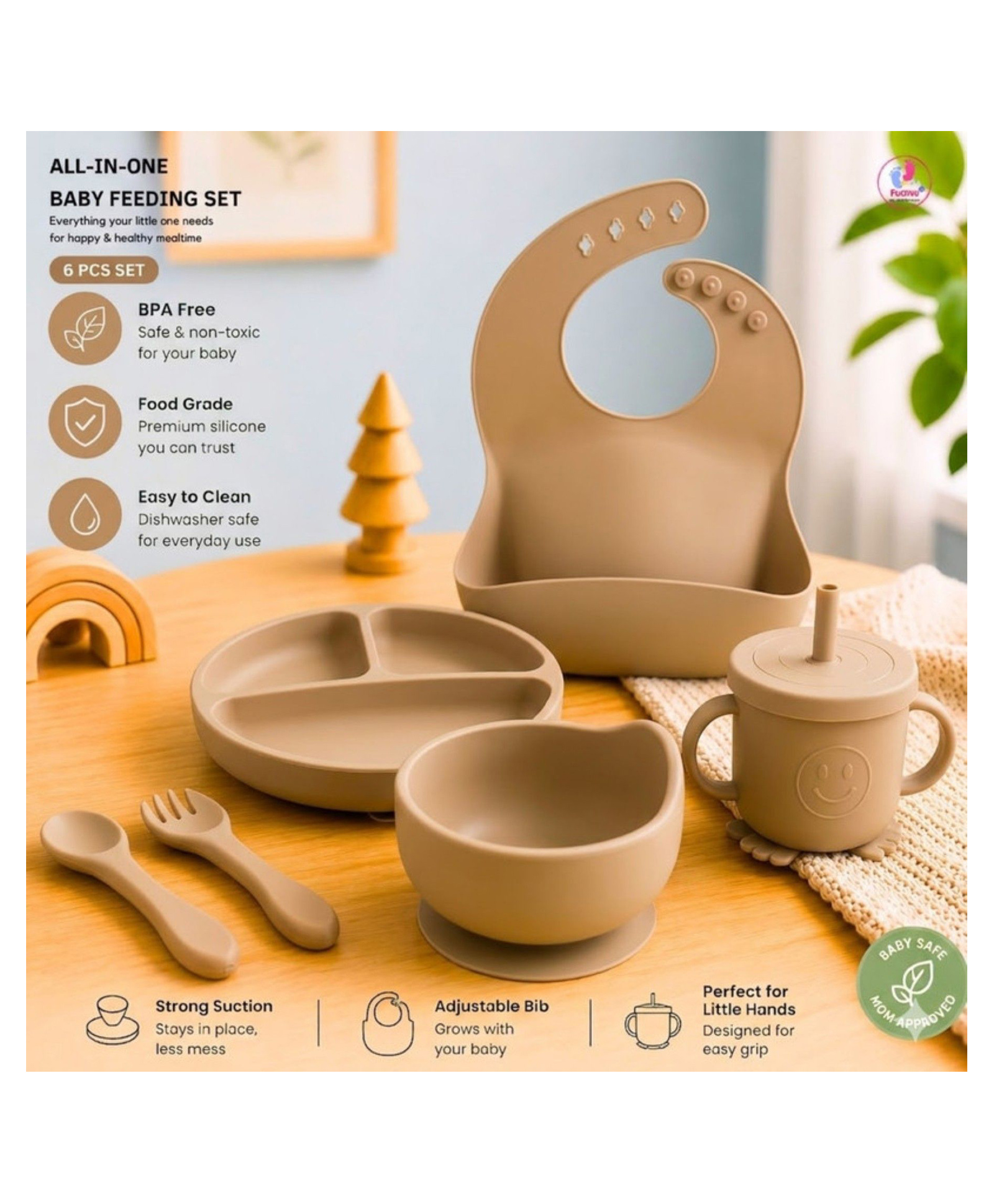 Puchku 6 Pcs Silicone Baby Feeding Set, BPA Free & Microwave Safe Dinner Tableware Kit - Feeding Bowl, Suction Plate, Cup, Spoon, Fork & Bib for Kids (Beige)-image-35