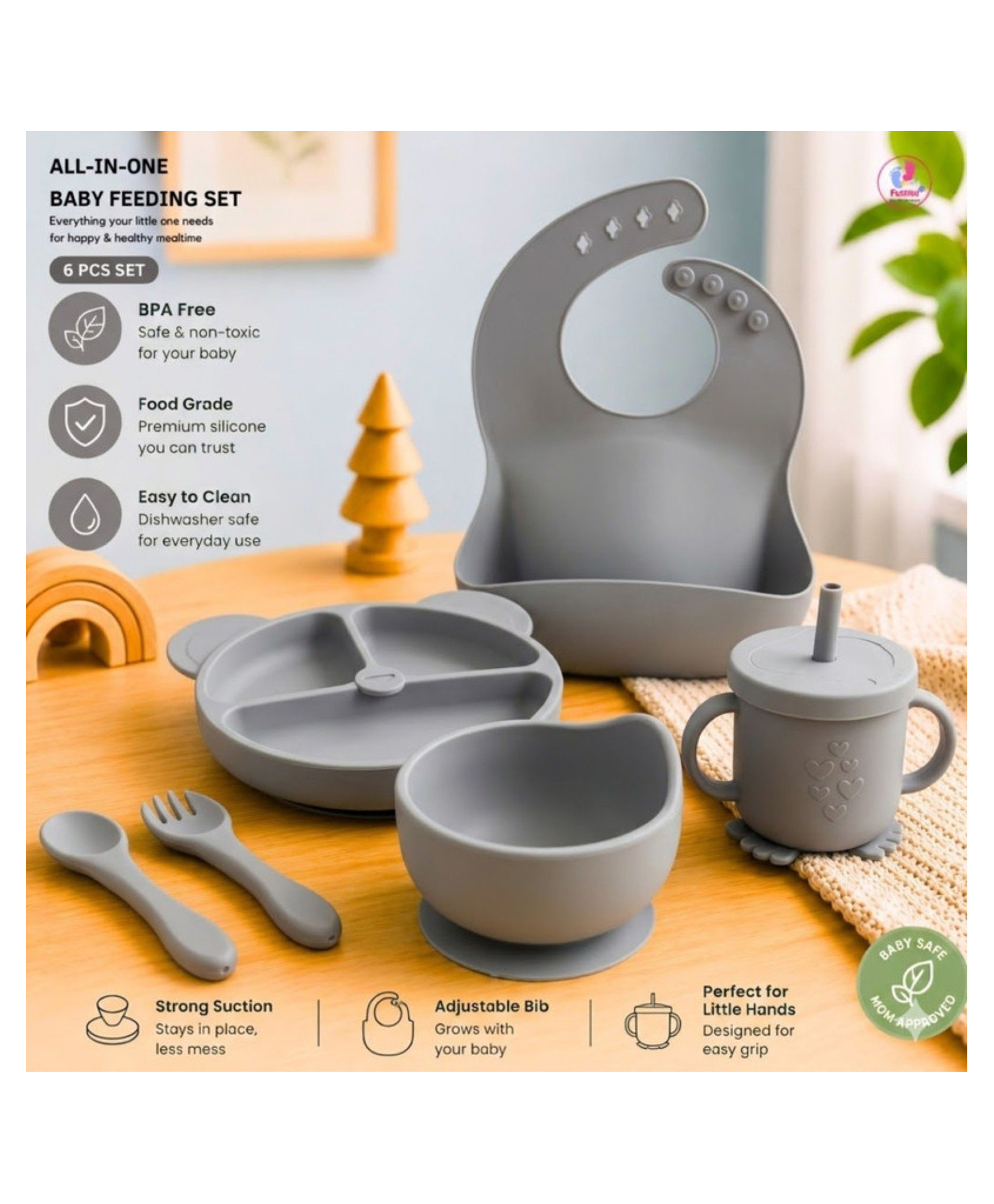 Puchku 6 Pcs Silicone Baby Feeding Set, BPA Free & Microwave Safe Dinner Tableware Kit - Feeding Bowl, Suction Plate, Cup, Spoon, Fork & Bib for Kids (Grey)-image-39