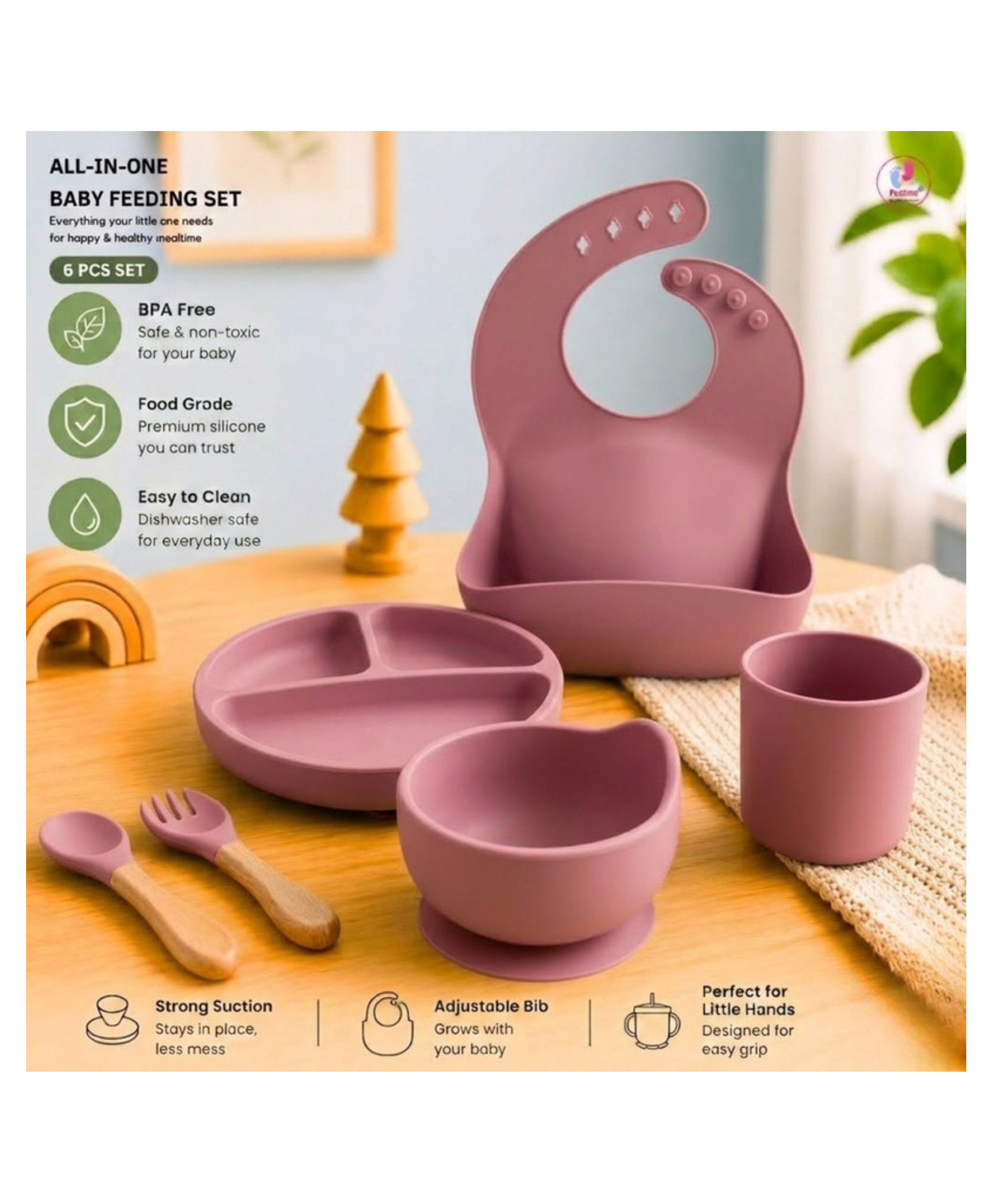 Puchku 6 Pcs Silicone Baby Feeding Set, BPA Free & Microwave Safe Dinner Tableware Kit - Feeding Bowl, Suction Plate, Cup, Spoon, Fork & Bib for Kids (Dusky Pink)-image-36
