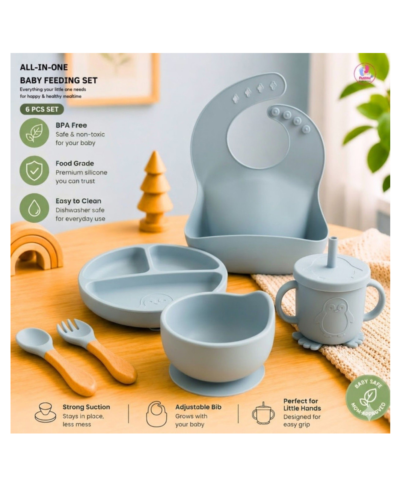 Puchku 6 Pcs Silicone Baby Feeding Set, BPA Free & Microwave Safe Dinner Tableware Kit - Feeding Bowl, Suction Plate, Cup, Spoon, Fork & Bib for Kids (Light Blue)-image-44