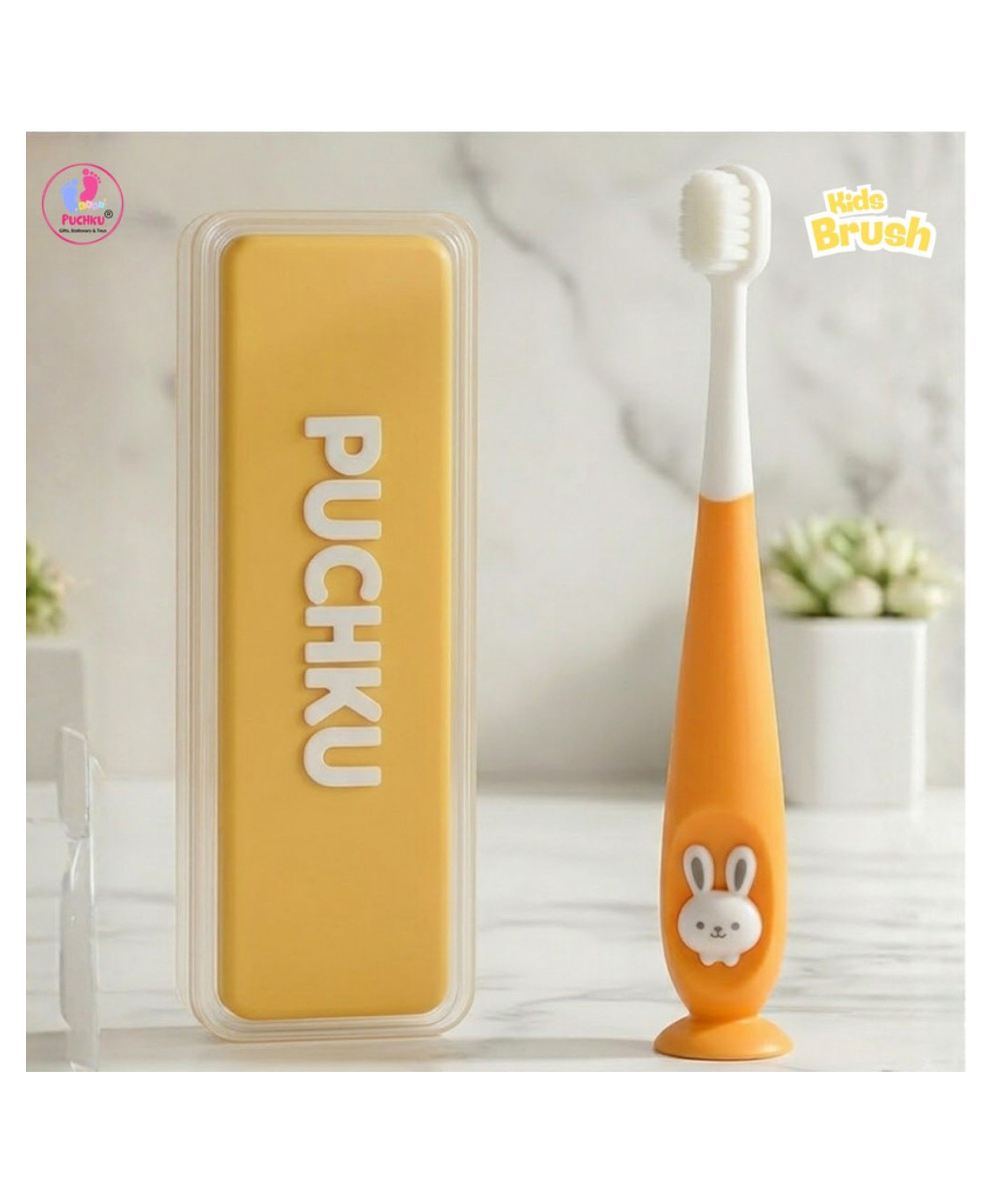 Puchku Baby Toothbrush Supersoft Bristles & Suction Cup Base Toothbrush for Kids , Babies , Toddlers- Yellow-image-1