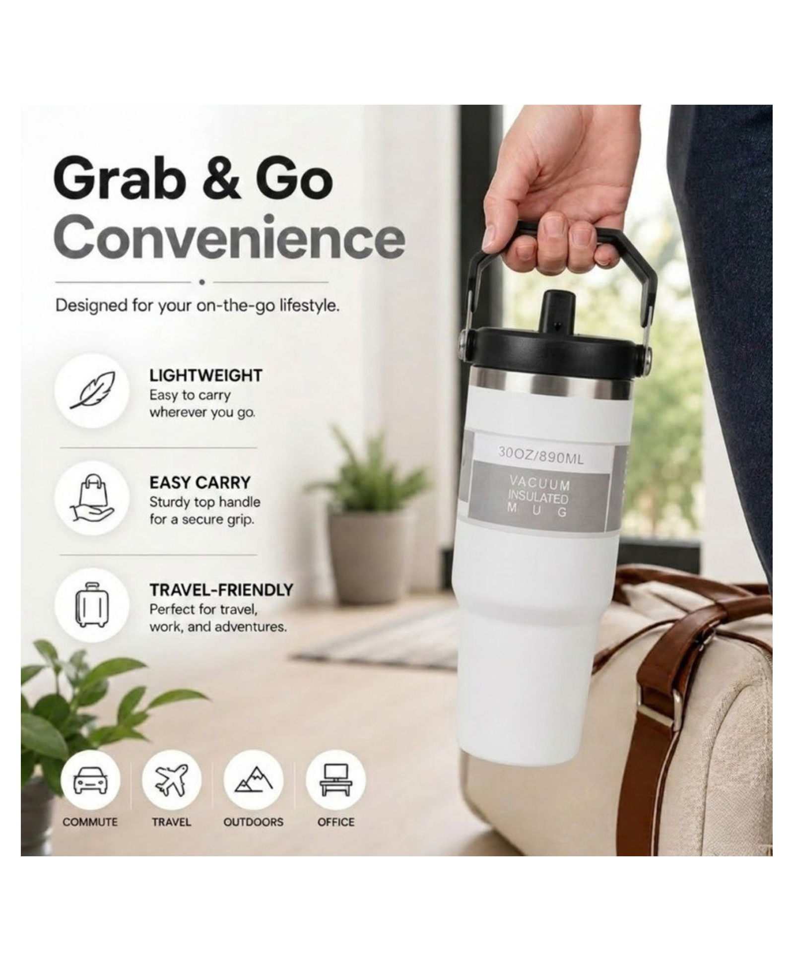 Puchku 890 ml Stainless Steel Tumbler Hot and Cold with Handle and Lid 2 Straw - White-picture-23