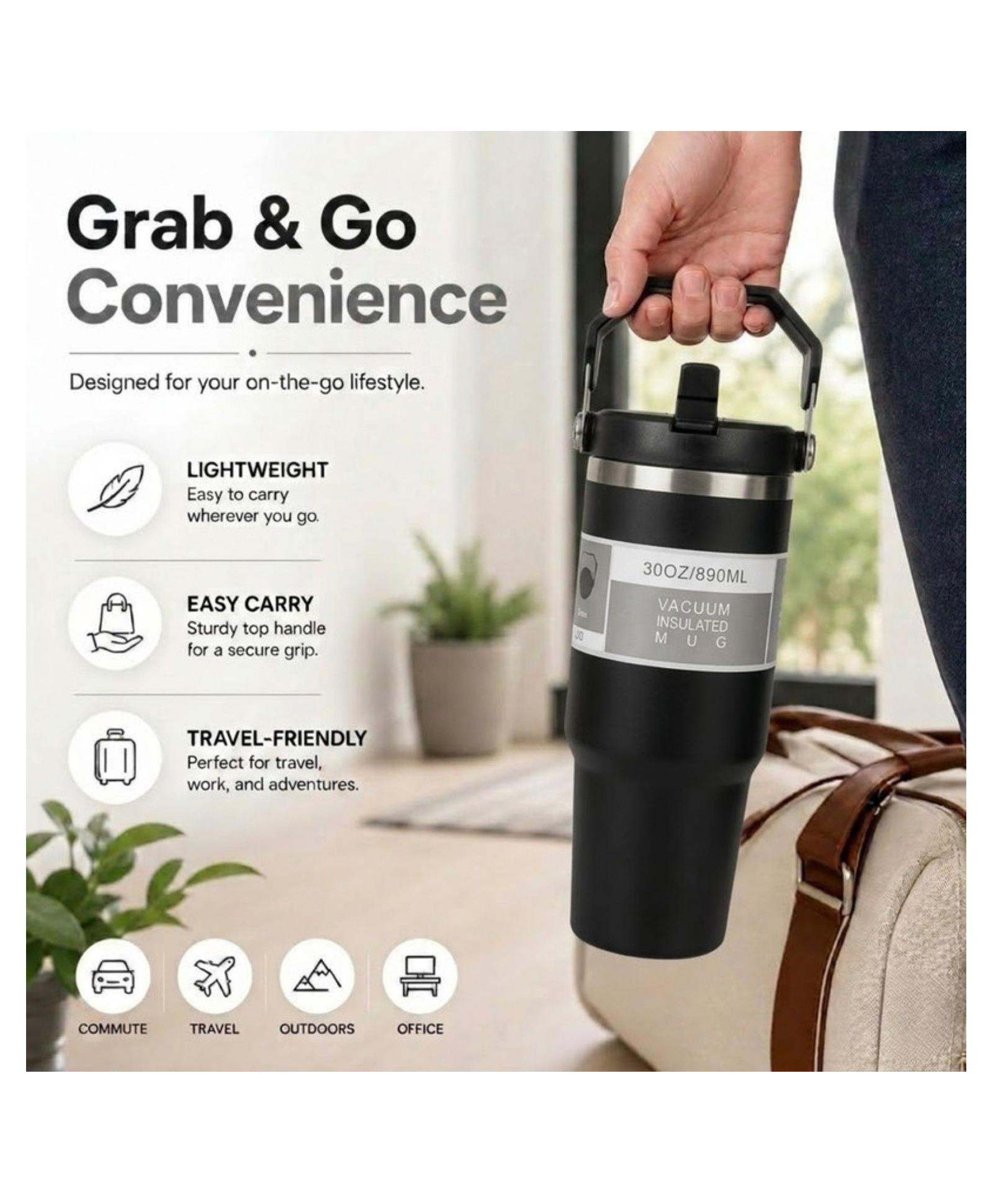 Puchku 890 ml Stainless Steel Tumbler Hot and Cold with Handle and Lid 2 Straw - Black-picture-26
