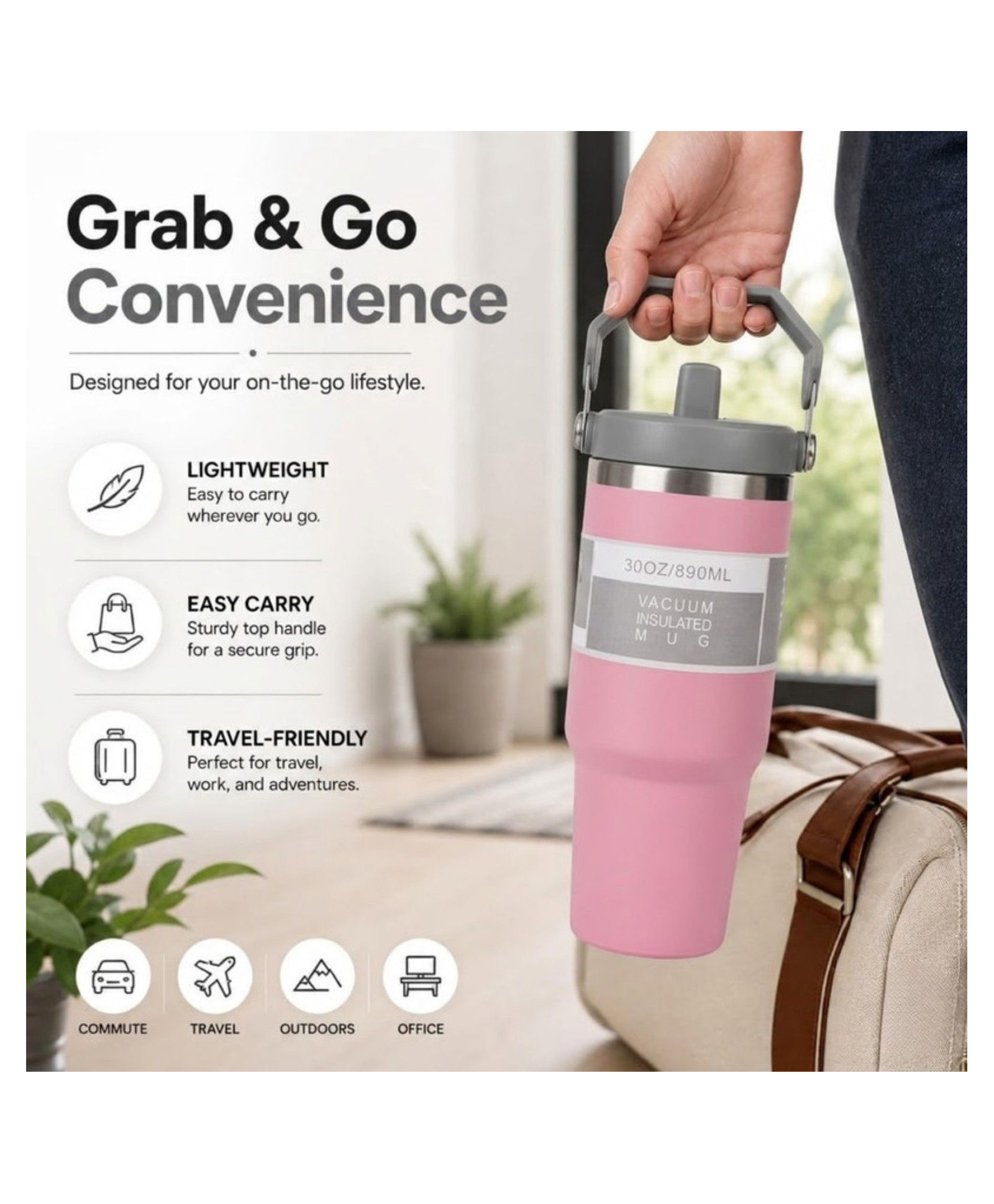 Puchku 890ml Stainless Steel Tumbler Hot and Cold with Handle and Lid 2 Straw - Pink-picture-13