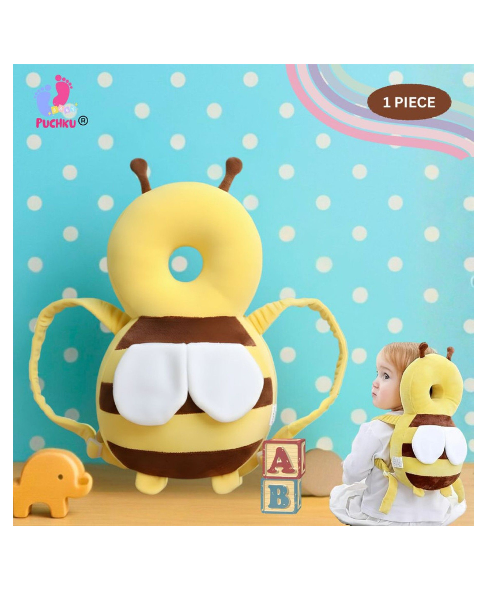 Puchku Baby Head Safety Cushion Backpack Plush Honey Design for Ultimate Protection Adjustable Chest Strap Soft Head Protection Pillow-image-27
