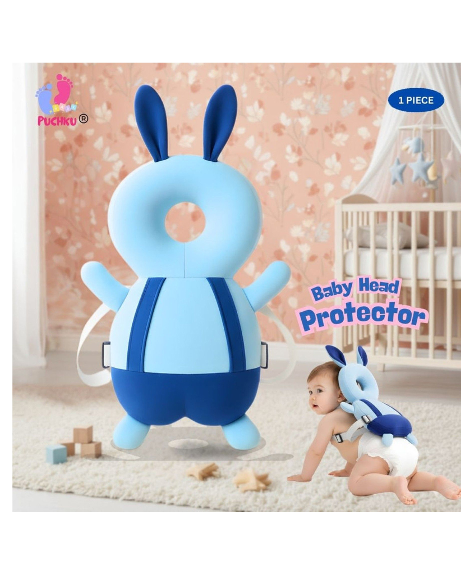 Puchku Baby Safety Head Protector Cushion Backpack Butterfly Design Soft Head Protection Pillow with Adjustable Chest Strap for Babies Blue Head Protector-image-27
