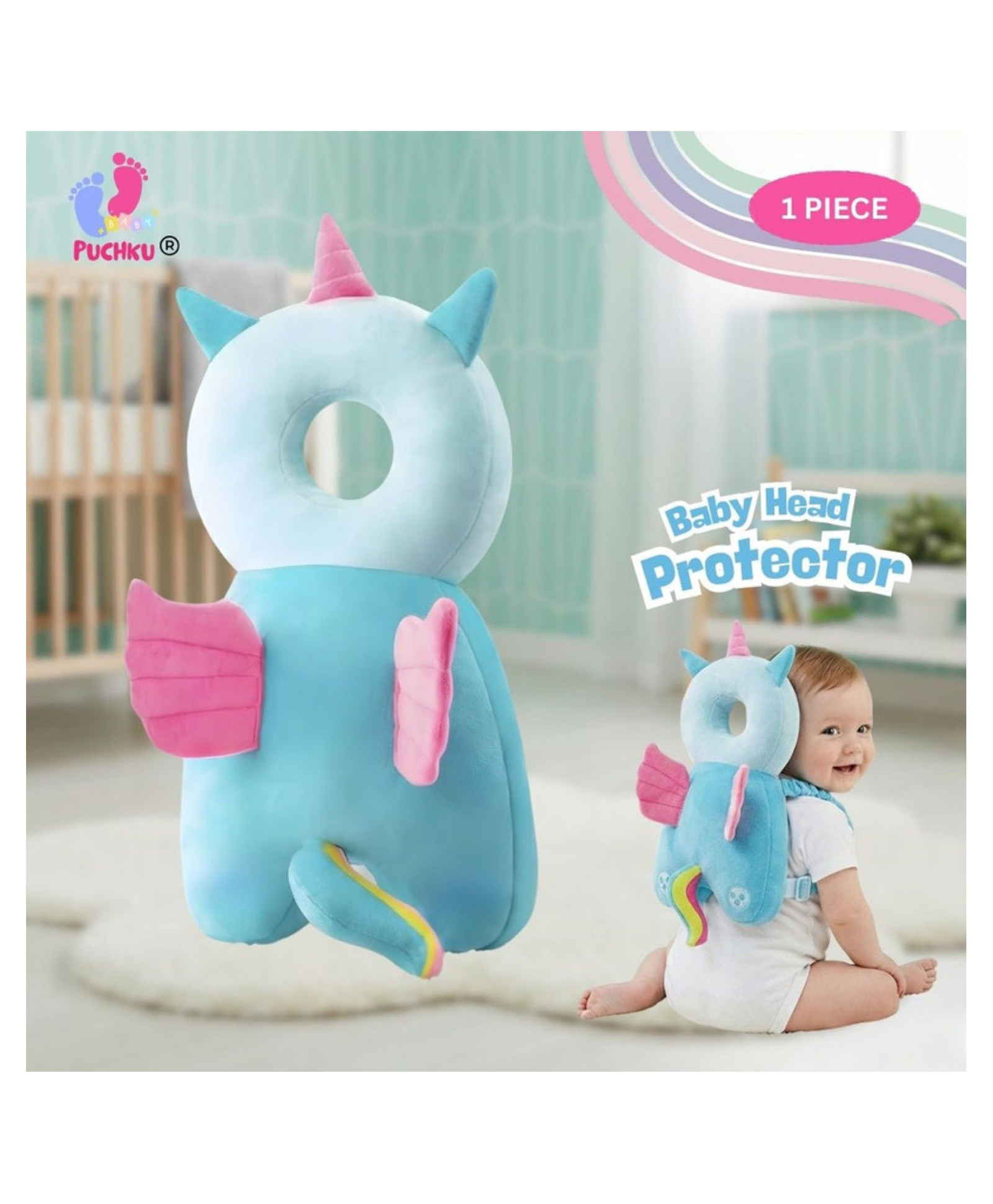 Puchku Unicorn Shaped Baby Safety Head Protector Cushion Backpack Soft Head Protection Pillow with Adjustable Chest Strap for Crawling and Walking Infants-picture-11